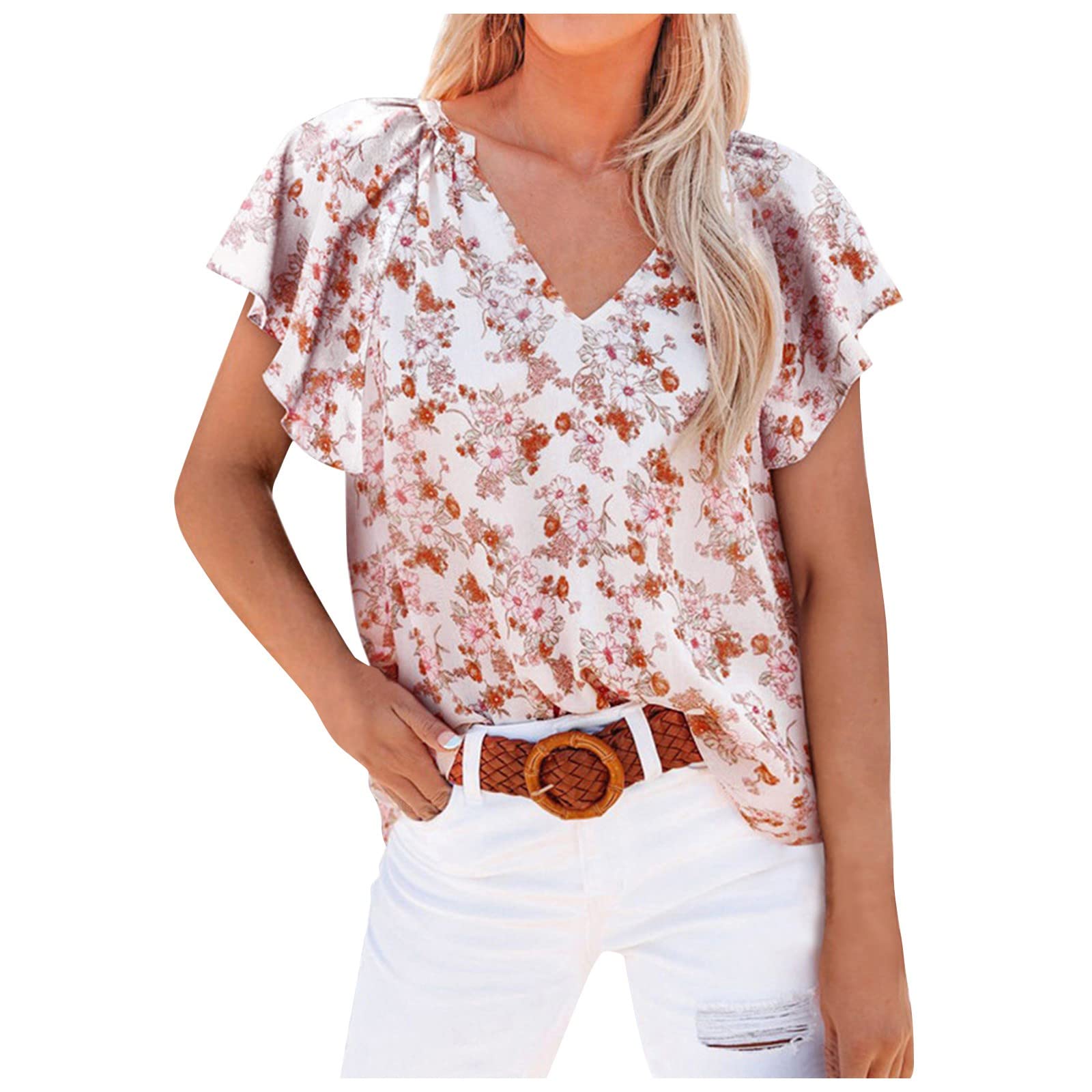 Women's Floral Print V-Neck Loose T-Shirt - Flowy Ruffle Short Sleeve Tunic Top for Casual Wear & Summer Outfits | Perfect for Beach, Office & Date Nights