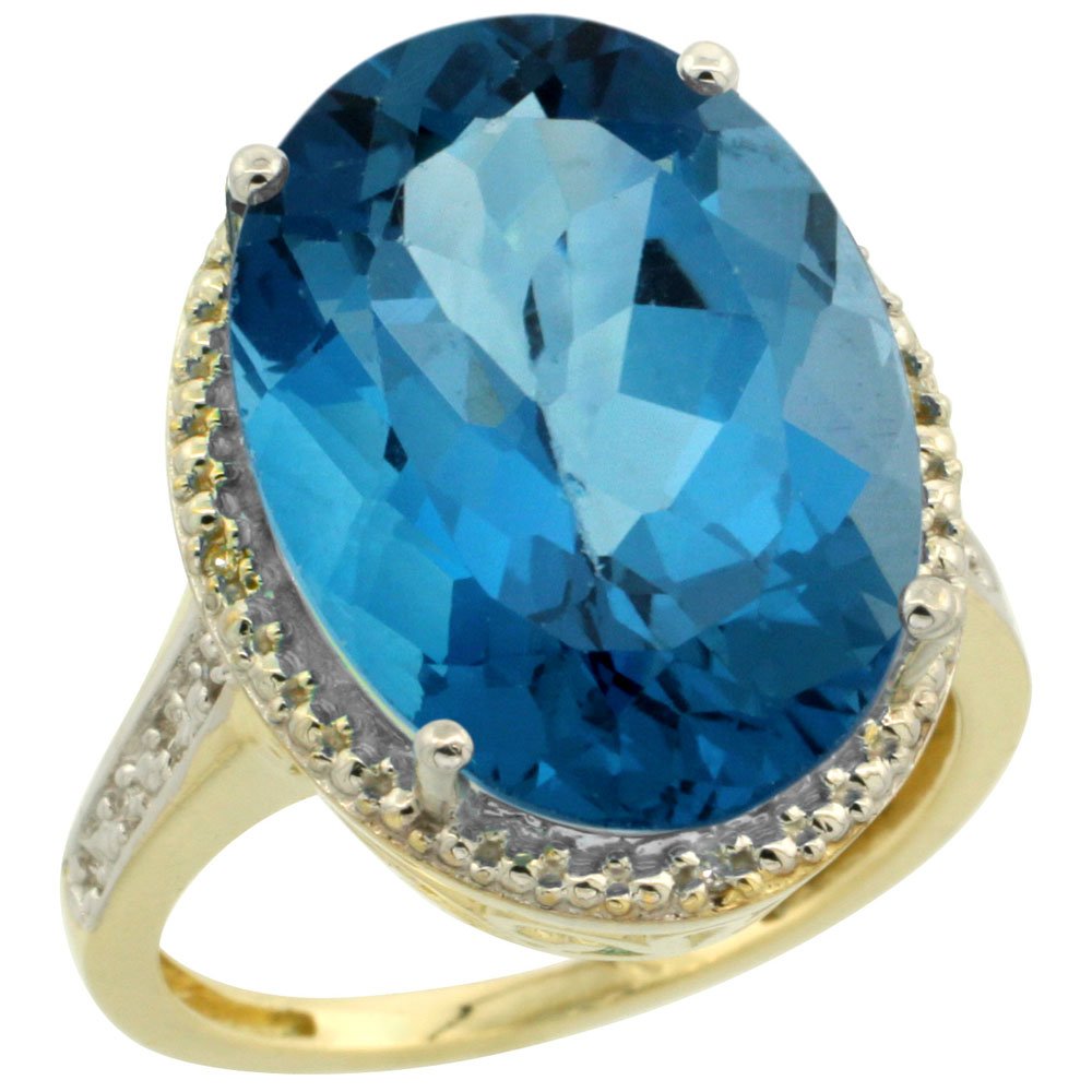 14K Yellow Gold Diamond & Natural London Blue Topaz Oval Ring (18x13mm) - Sizes 5-10 | Elegant Engagement, Anniversary & Special Occasion Jewelry Gift