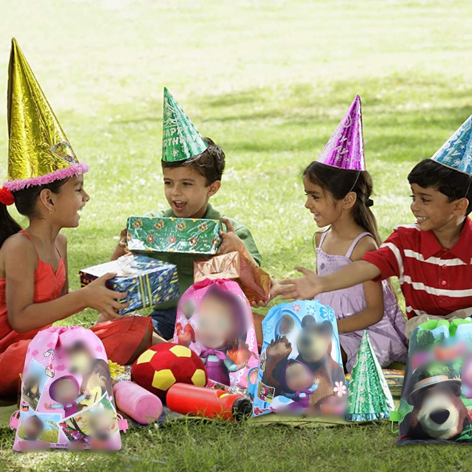 8-Piece Masha Themed Drawstring Bags - Sports & Party Favor Backpacks for Kids Birthday, Halloween Candy, School Gym & Travel Accessories