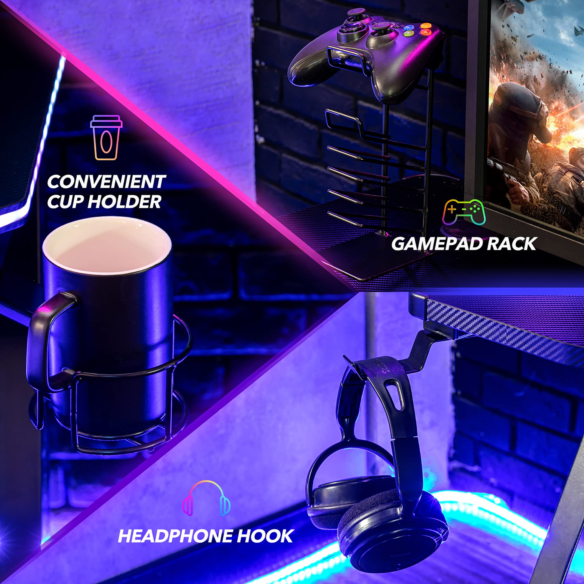 S*MAX 47 Inch Gaming Desk with LED RGB Lights, Carbon Fiber Finish, Wireless Charging & USB Ports - Z-Shaped Computer Desk for Home Office, Cup Holder & Headphone Hook - Perfect for PC Gaming, Streaming & Work Setup
