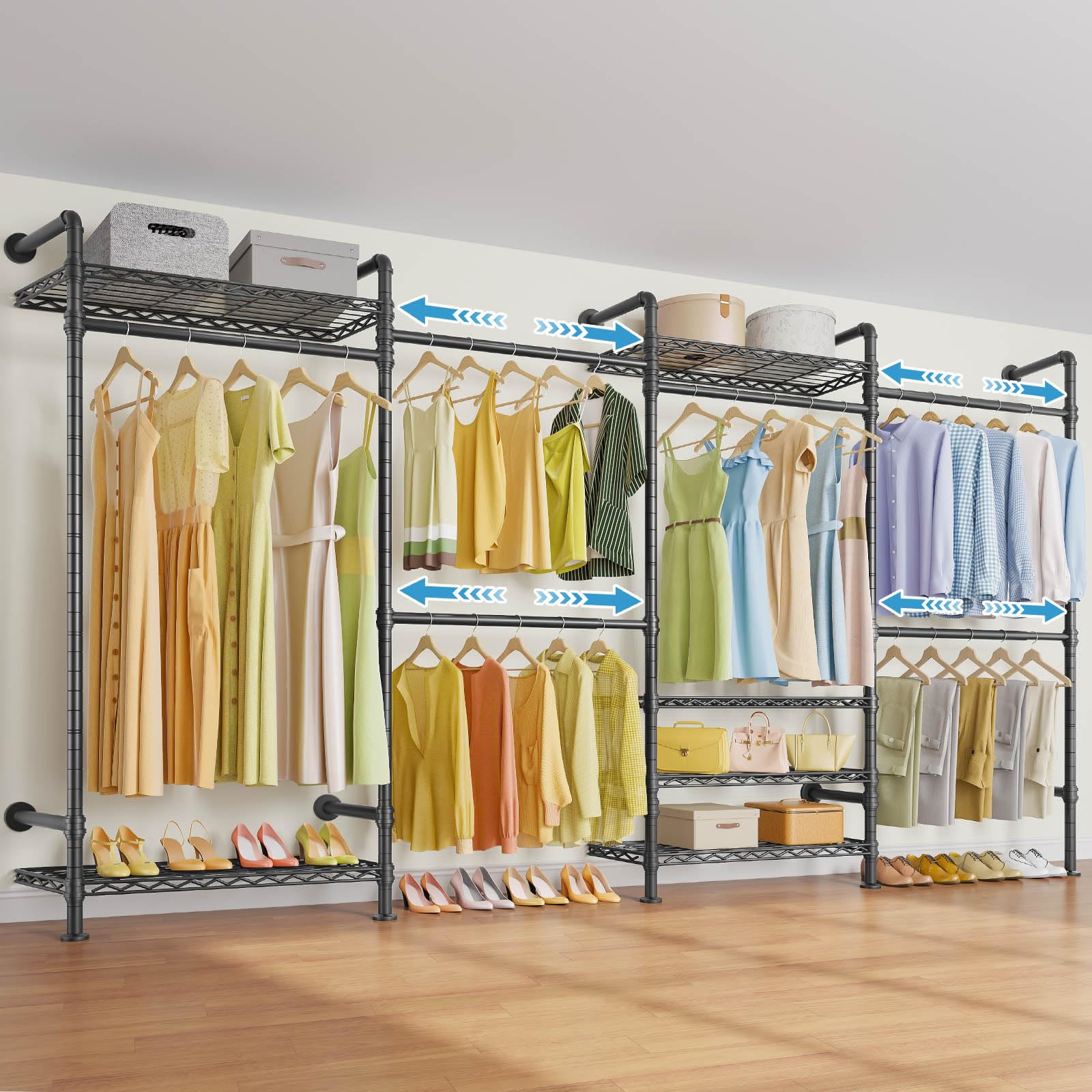 Timate F4 Heavy Duty Wall Mounted Industrial Pipe Clothing Rack - Adjustable Garment Organizer for Hanging Clothes, Expandable Wardrobe Storage Closet Kit in Black | Perfect for Small Spaces, Laundry Rooms & Apartment Closet Organization