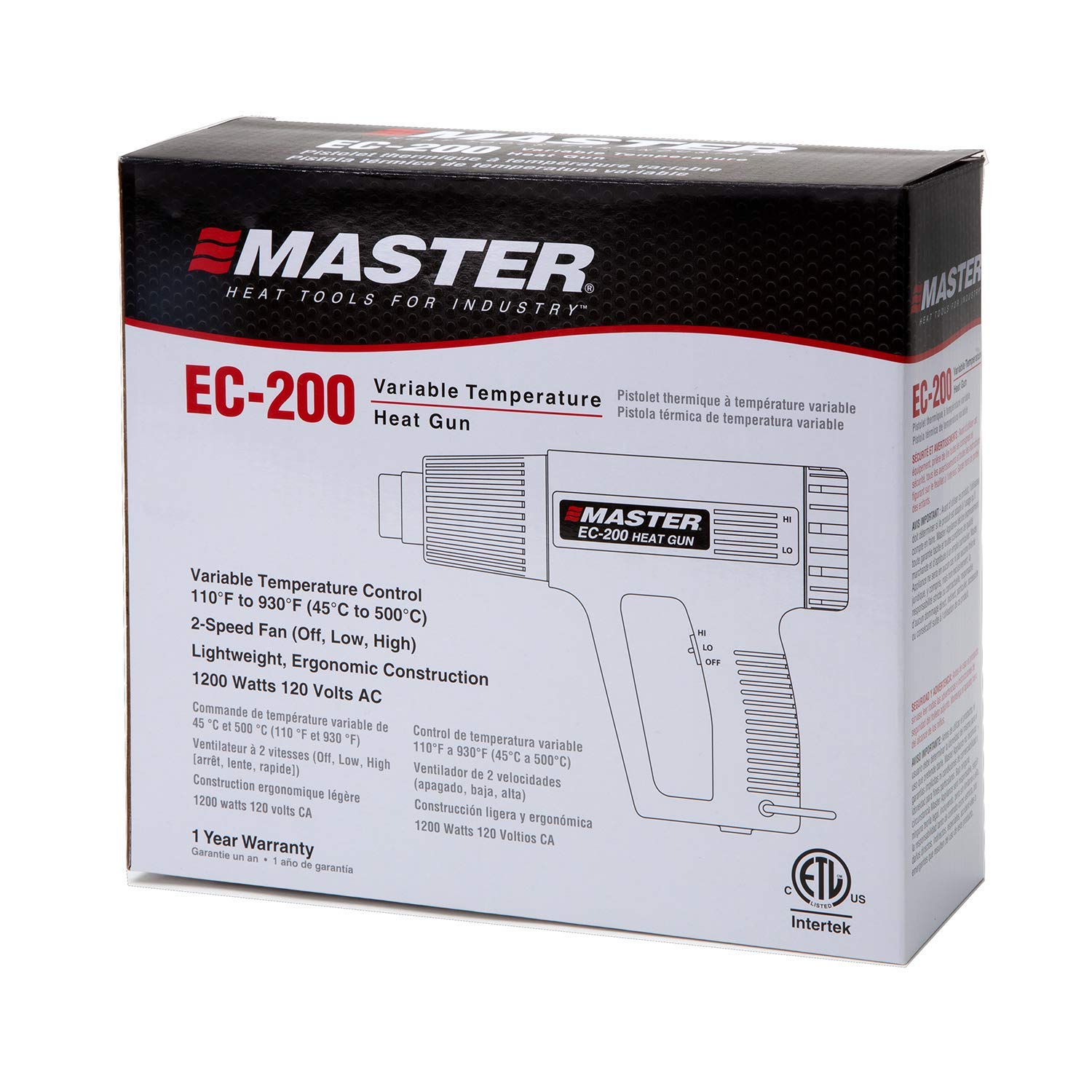 Master Appliance EC-200 Variable Temperature Heat Gun 120V, 10 Amps, 1200W Hot Air Gun for Shrink Wrap, Wire Connectors, Shrink Tubing, Crafts & Paint Stripping - Perfect for DIY Projects, Home Repairs and Professional Use
