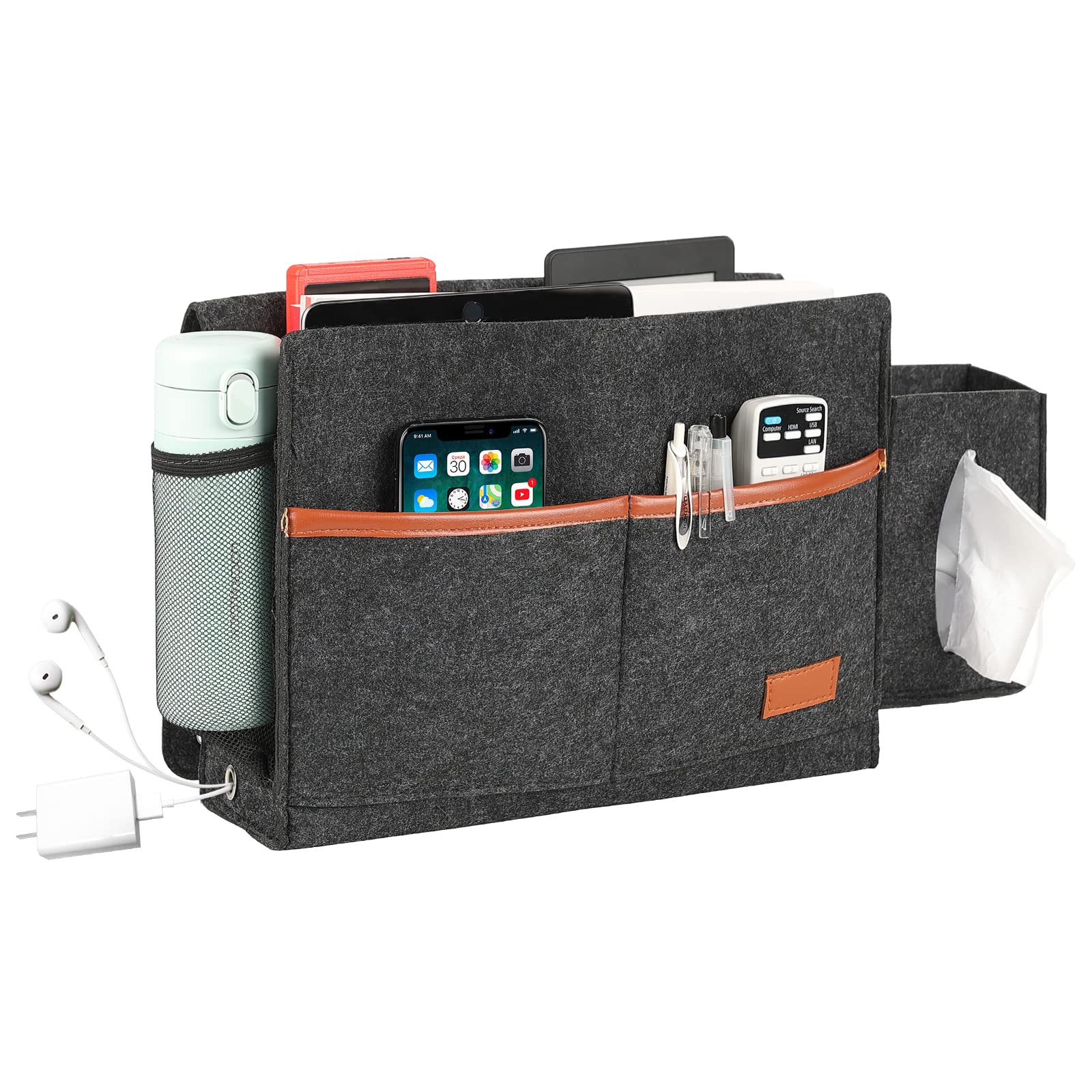 Surblue Bedside Caddy - Felt Storage Organizer Hanging Bag with Tissue Box Holder & Water Bottle Pocket for Mattress, Sofa, Bunk Bed - Dark Gray | Perfect for Small Space Organization in Bedroom, Dorm, RV & Nursing Home