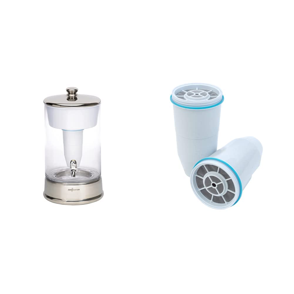 ZeroWater ZBD-040-1 40-Cup Glass Water Filter Dispenser with 5-Stage Filtration System - NSF Certified Lead Reduction, Chrome Stand & Replacement Filter (2-Pack, White) - Perfect for Home, Office, and Kitchen Use
