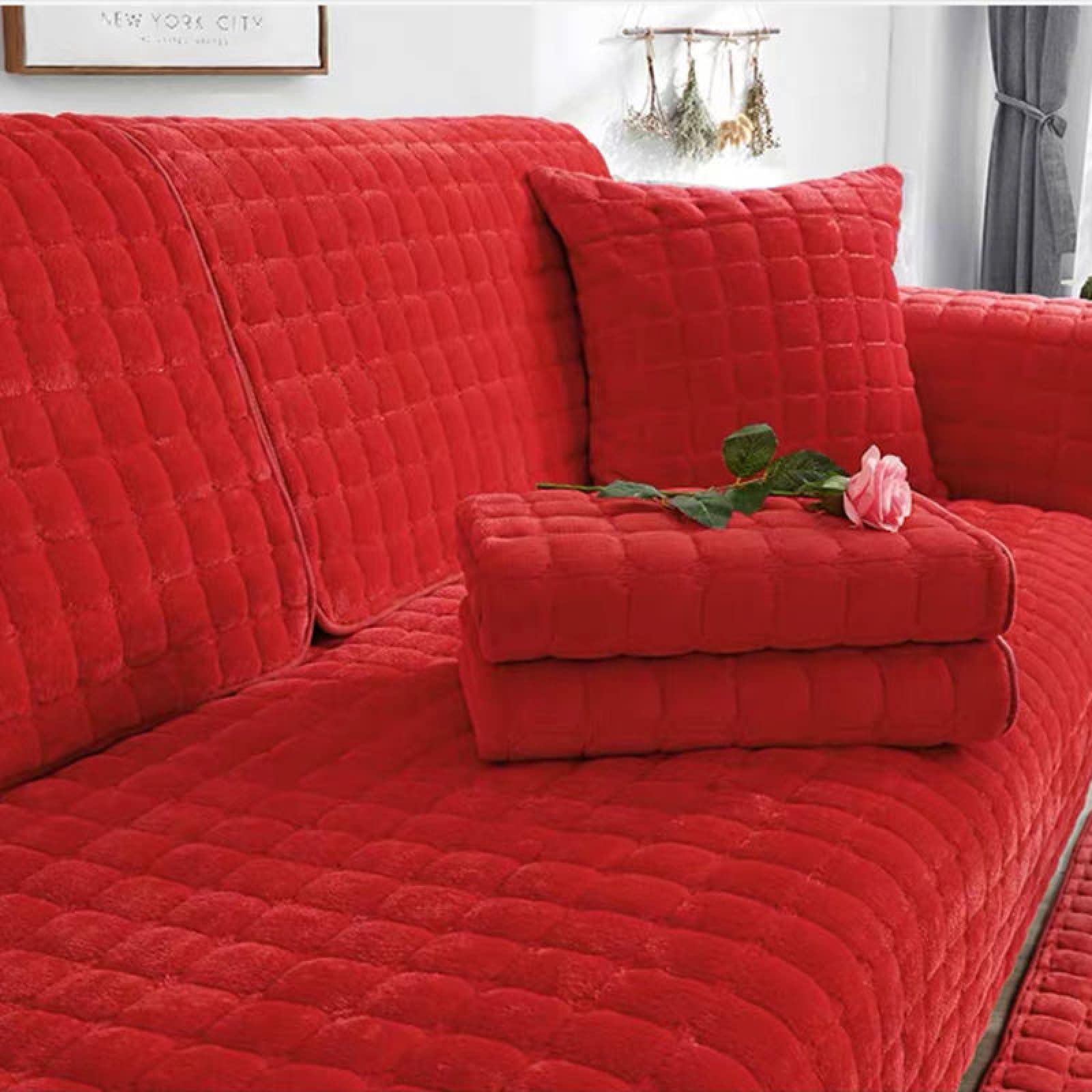 Premium L-Shaped Sectional Sofa Slipcover - Soft Quilted Couch Cover with Anti-Slip Backing for Fabric/Leather/Wood Couches (90x240cm, Red) - Perfect for Living Room Protection & Home Decor Upgrade