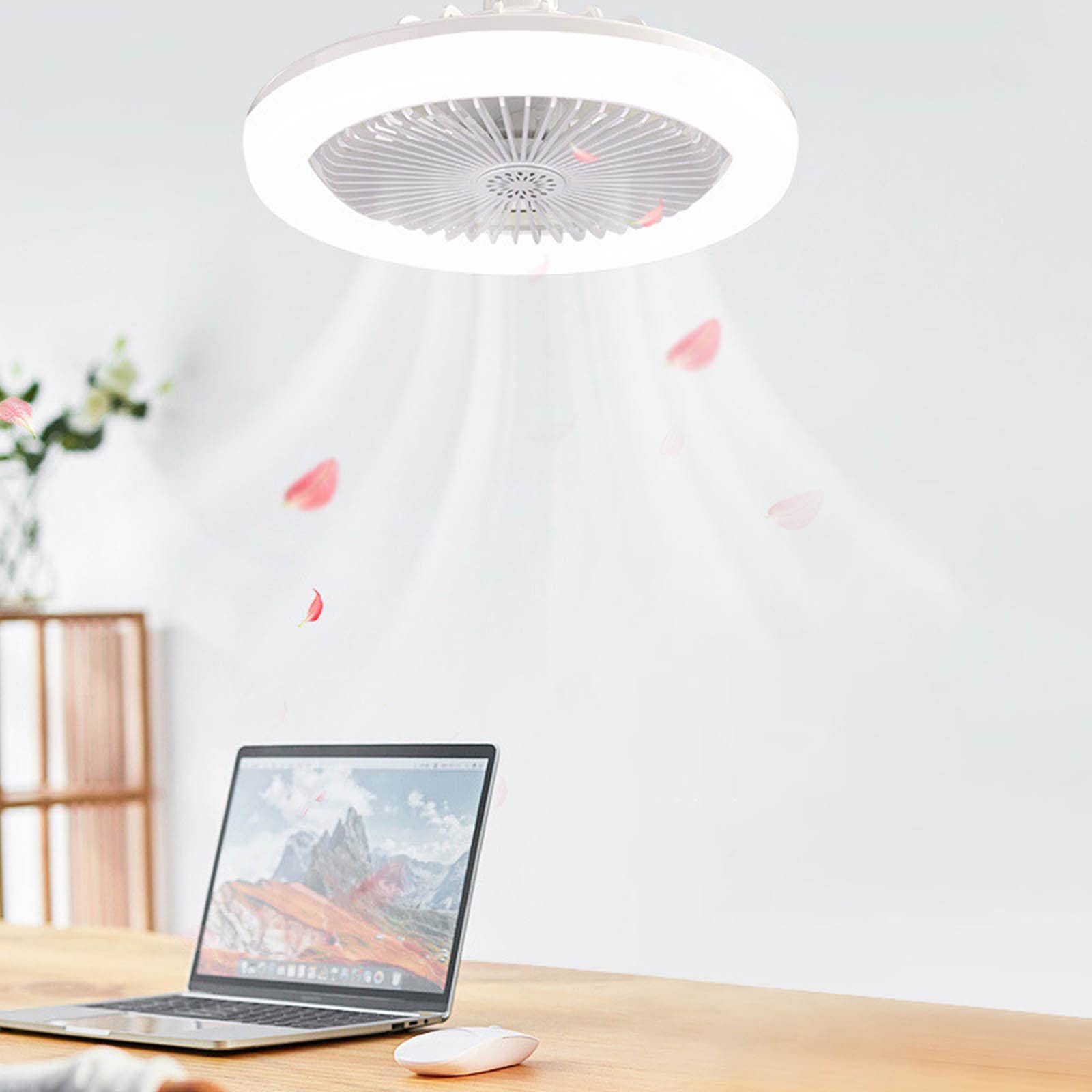 HTNBO E27 Bladeless Ceiling Fan with LED Lights - Modern Low Profile Enclosed Fan for Bedroom, Living Room & Small Spaces - Energy Efficient Quiet Operation (Gray) - Perfect for Home, Office & Dorm Rooms
