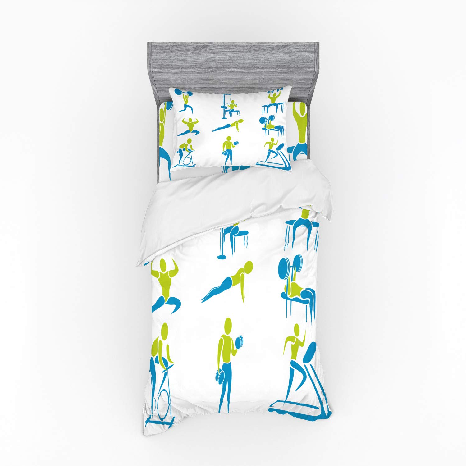 Ambesonne Fitness Duvet Cover Set - 3 Piece Bedding with Sham & Fitted Sheet - Twin Size Gym Themed Design Featuring Weightlifting Equipment in Apple Green & Sky Blue - Perfect for Athletes' Bedrooms & Gym Enthusiast Home Decor
