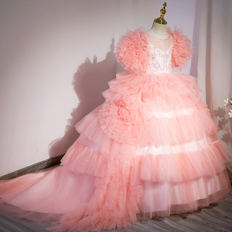 Pink Princess Tulle Flower Girl Dress - Pleated Floor-Length Ball Gown for Weddings, Baptisms & Special Occasions | Perfect for Flower Girls & Pageants