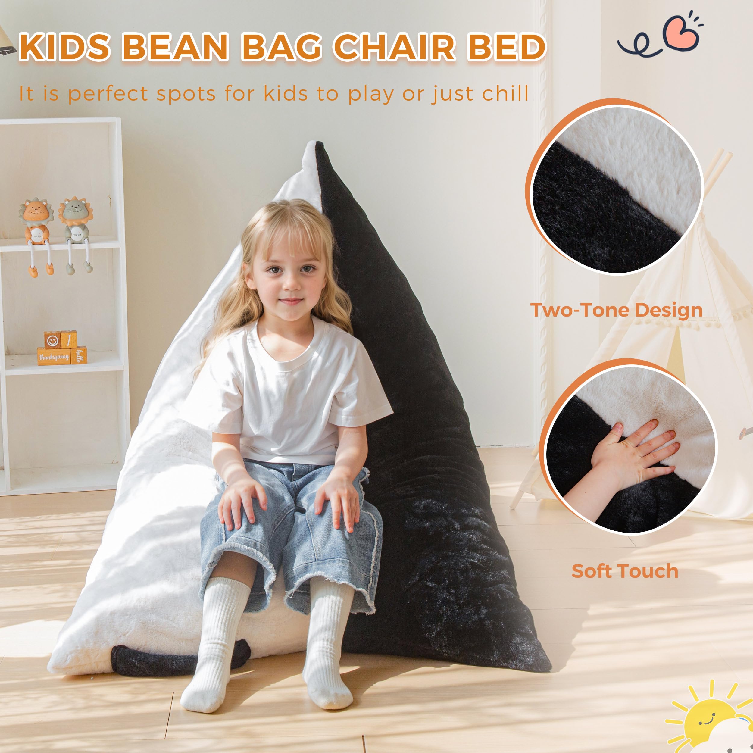 MAXYOYO Kids Bean Bag Chair with 2-Tone Handle - High Density Foam Floor Lounger in Black & White - Perfect for Kids' Room, Playroom & Reading Nook