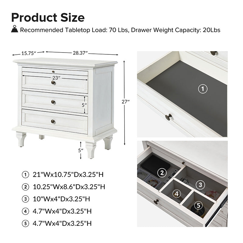 Galatea 3-Drawer Nightstand with USB Charging Ports & Power Outlets - Modern Bedside Table with Storage for Bedroom, Living Room or Office