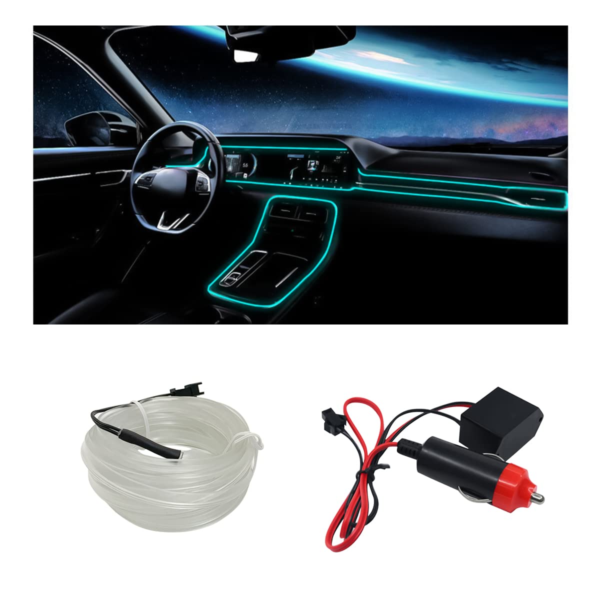 16FT EL Wire Car Interior LED Strip Lights - Neon Electroluminescent Ambient Lighting Kit with Sewing Edge & Fuse Protection for Auto Cigarette Lighter - Perfect for Car Decoration & Night Driving (Ice Blue)