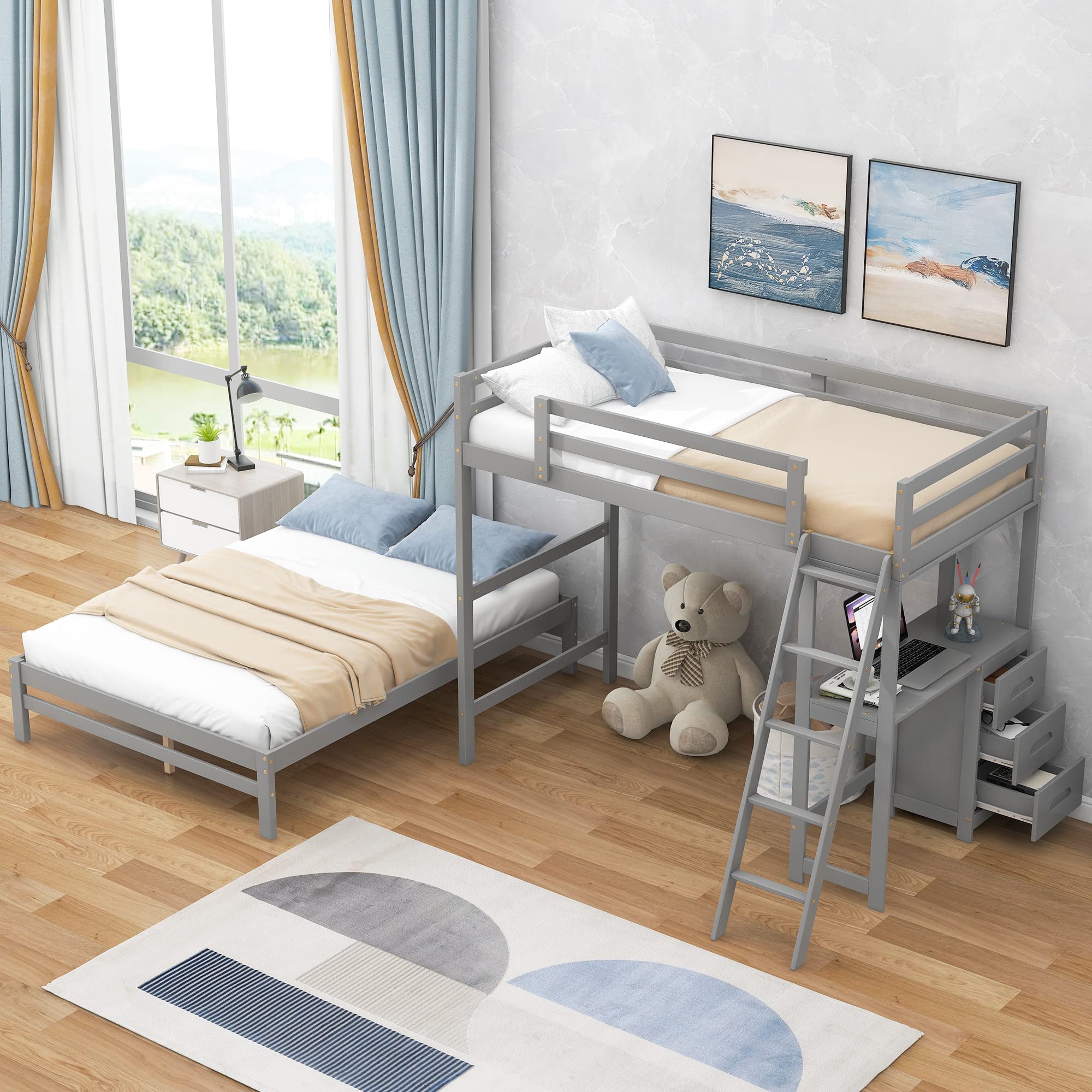 P PURLOVE Twin Over Full L-Shaped Wood Bunk Bed with Desk & Drawers - Kids Loft Bed with Removable Platform, No Box Spring Needed - Perfect for Small Bedrooms, Shared Kids Rooms & Space-Saving Solutions