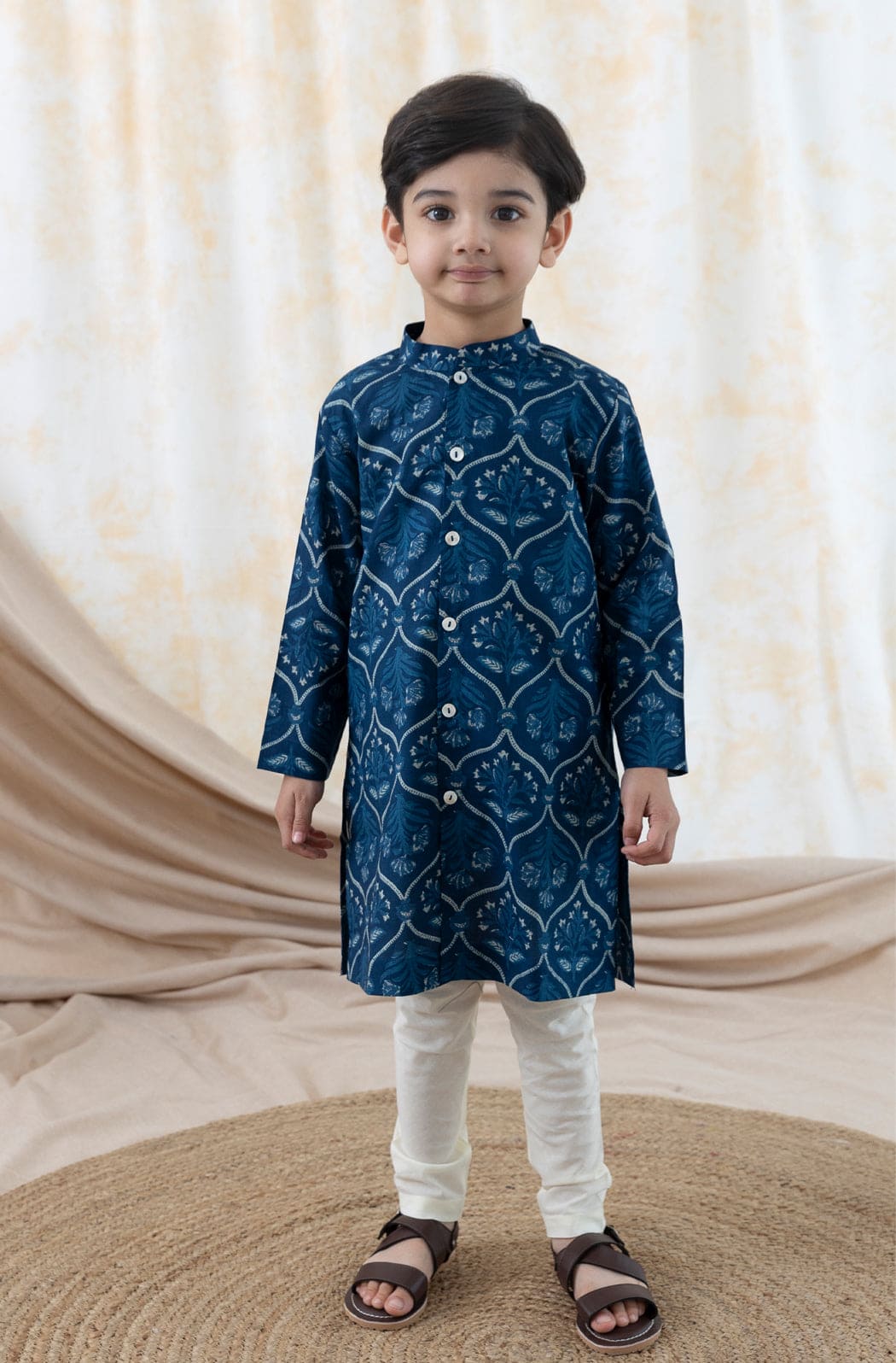 Pre Order: Boys Floral Print Kurta Pyjama Set - Blue Ethnic Indian Outfit for Festivals, Weddings & Special Occasions