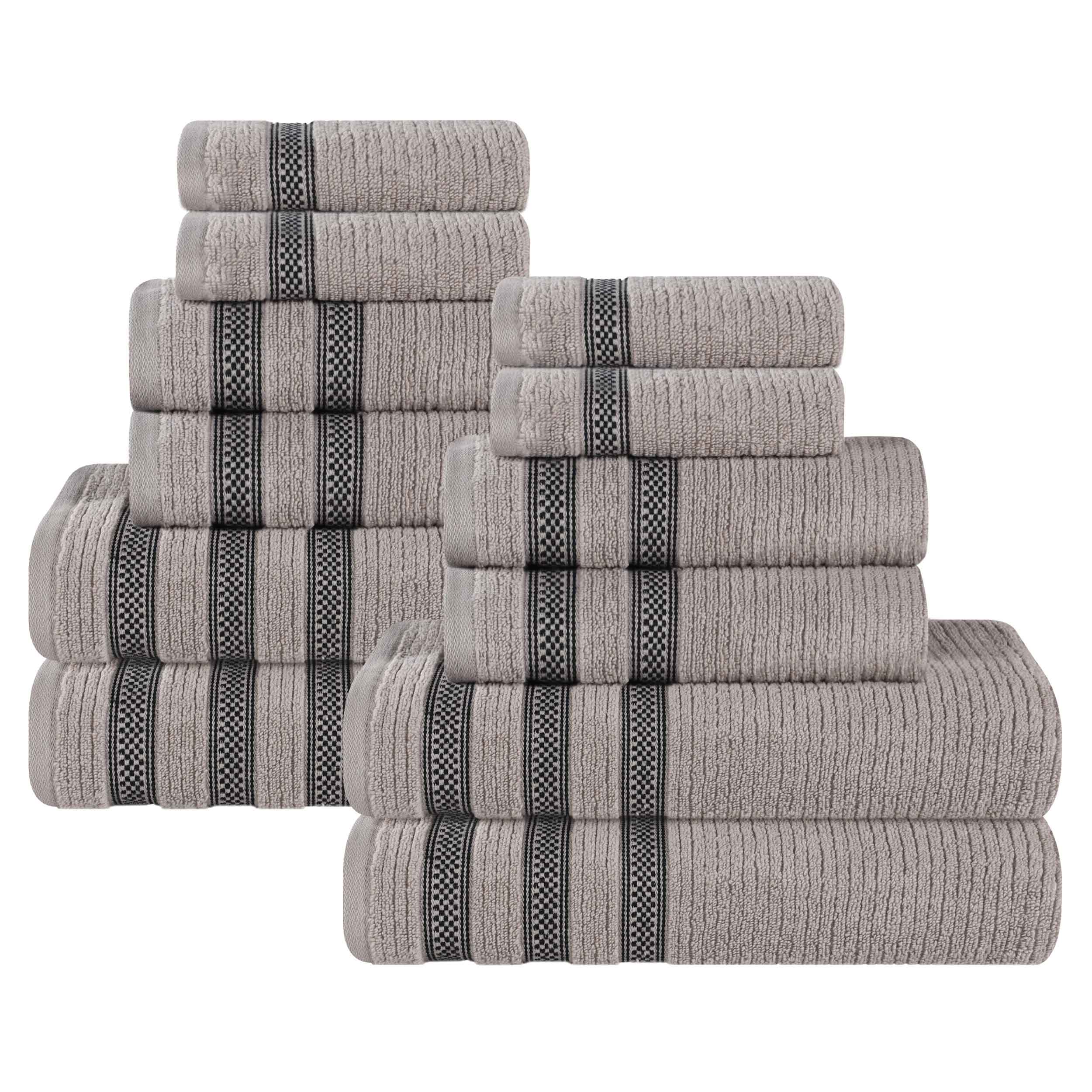 12-Piece Zero Twist Cotton Ribbed Geometric Border Plush Towel Set – Ultra Soft Bath & Beach Towels for Spa, Pool & Luxury Home Use
