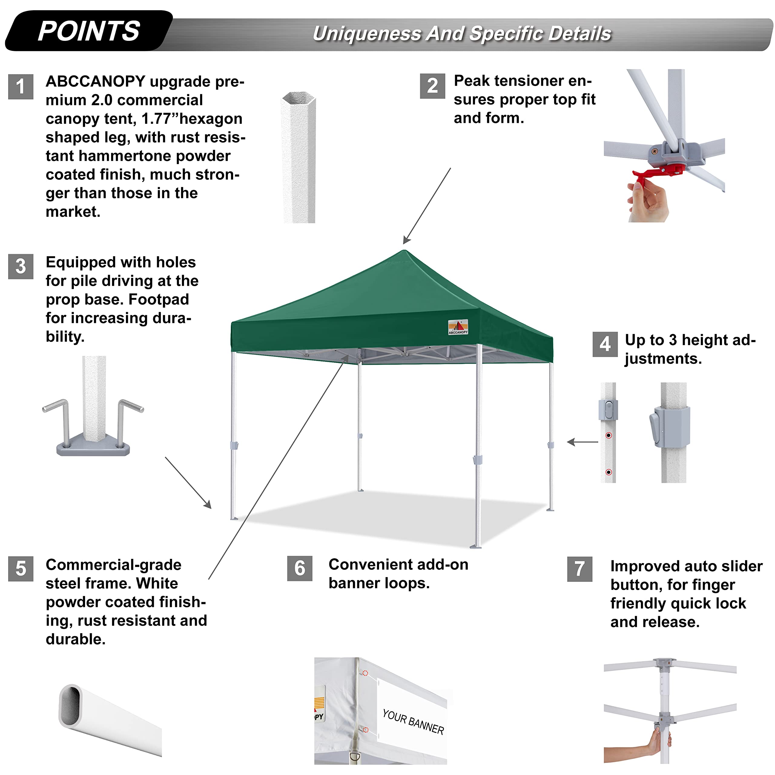 ABCCANOPY 10x10 Commercial Pop Up Canopy Tent - Premium Series Outdoor Event Shelter, Forest Green - Perfect for Farmers Markets, Beach Parties, Camping & Tailgating