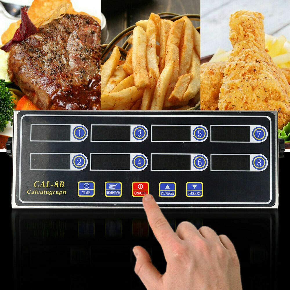 8-Channel Digital Kitchen Timer with Loud Alarm - Commercial Stainless Steel Cooking Timer for Restaurants, Bakeries & Home Use - Perfect for Burgers, Baking & Multi-Task Cooking (110V)