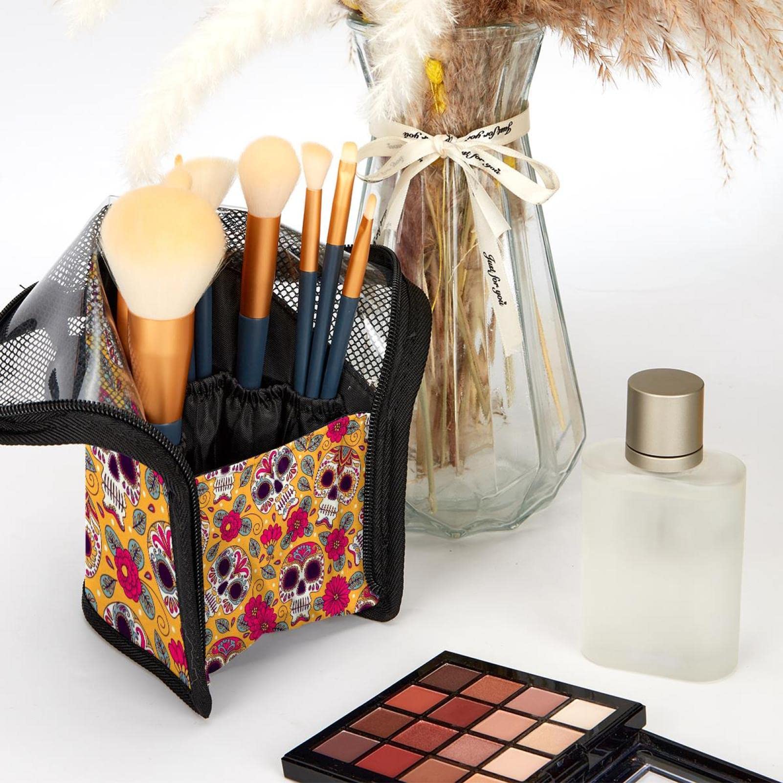 Portable Makeup Brush Organizer Bag with 12 Slots - Mexican Style Floral Skull Design - Perfect for Travel & Home Vanity Storage
