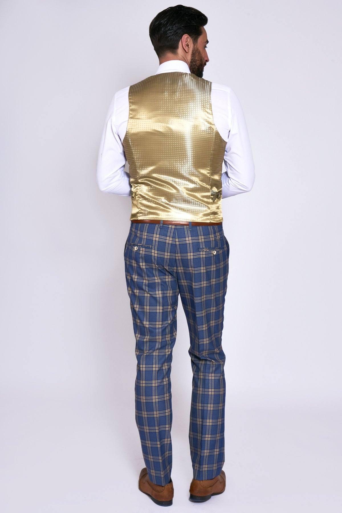 TONY Men's Blue & Yellow Checkered Single Breasted Waistcoat Vest - Formal & Casual Wear for Weddings, Office & Parties