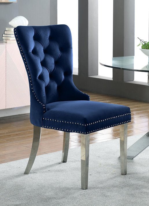 Luxury Blue Velvet Dining Chairs with Deep Tufting & Chrome Legs - Set of 2 for Elegant Home Dining Room & Formal Entertaining | Modern Comfort Seating for Dinner Parties & Family Gatherings