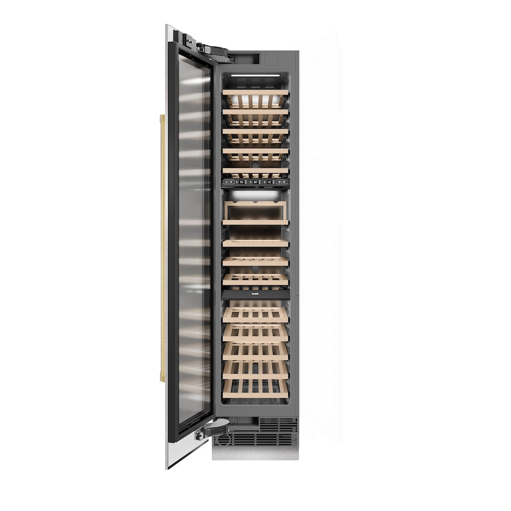 ZLINE RCWVLZ SN 18 G 18-Inch 9.0 cu ft Triple Zone 68-Bottle Left Hinge Wine Cooler - Satin Stainless Steel with Polished Gold Accents - Perfect for Home Bars, Wine Cellars & Entertaining Spaces