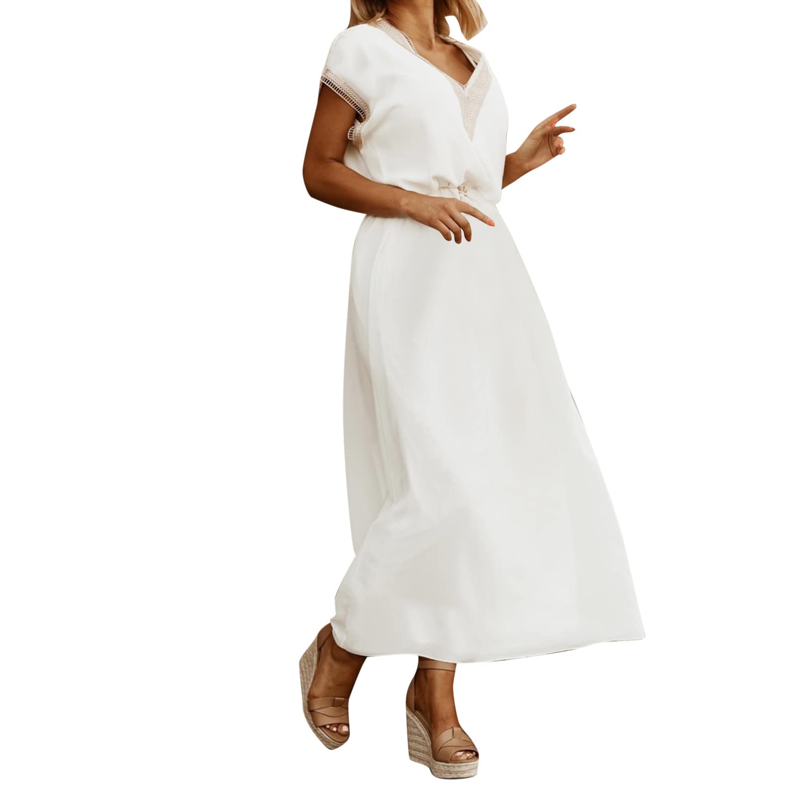 Women's Sleeveless Black Dress with Contrast Lace V-Neck & Batwing Sleeves - Elegant Long White Casual Dress for Parties, Weddings & Evening Events