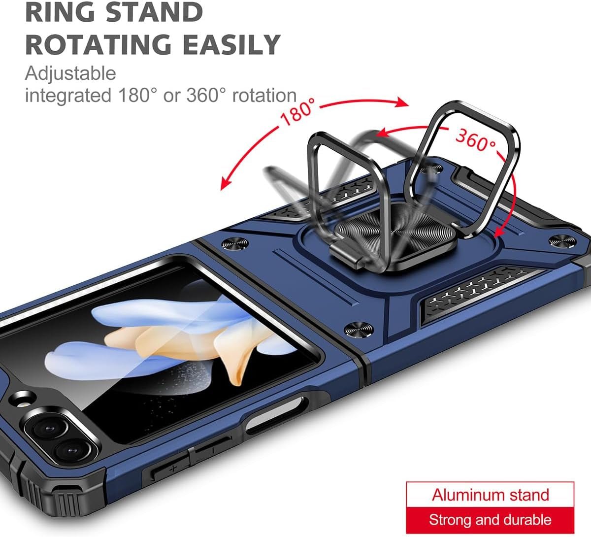 Samsung Galaxy Z Flip 6 5G Case with Tempered Glass Screen Protector - 360° Magnetic Ring Holder, Military-Grade Shockproof Drop Protection (Blue) - Perfect for Daily Use, Travel & Outdoor Activities
