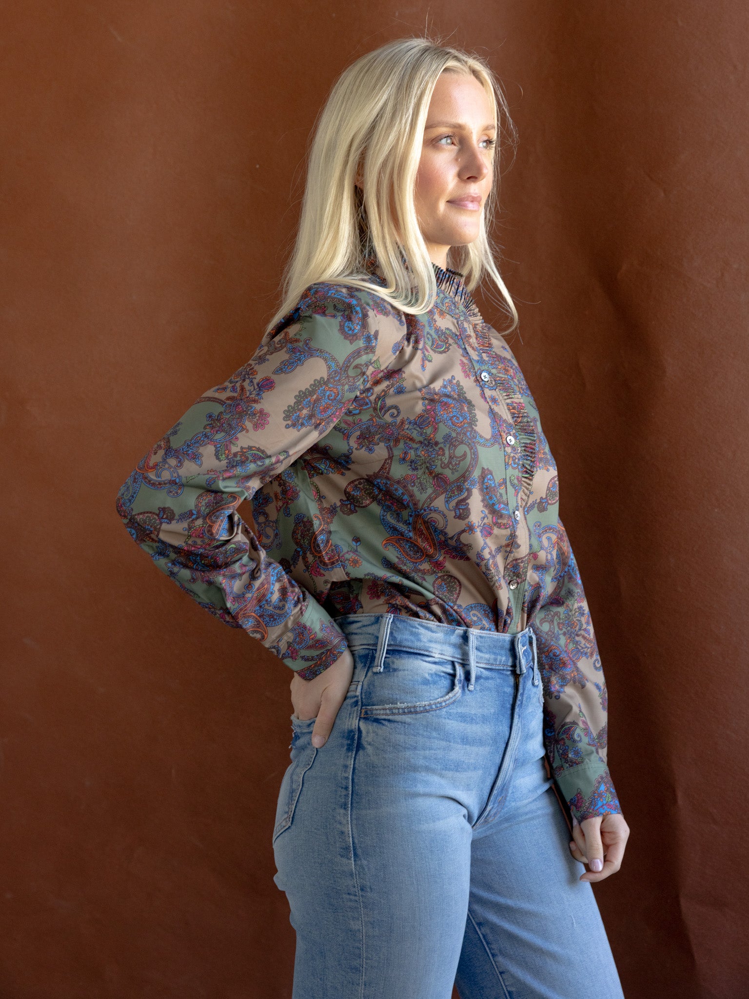Elegant Paisley Print Ruffle Blouse for Women - Boho Chic Flowy Top for Casual Outings, Date Nights & Office Wear