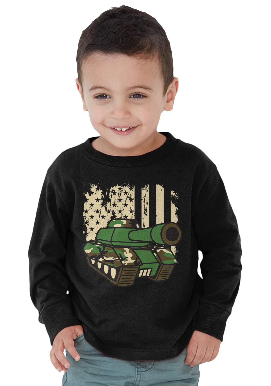 SpiritForged Apparel Patriotic American Flag Army Tank Long Sleeve Shirt for Toddlers - Perfect for 4th of July, Memorial Day & Military-Themed Events