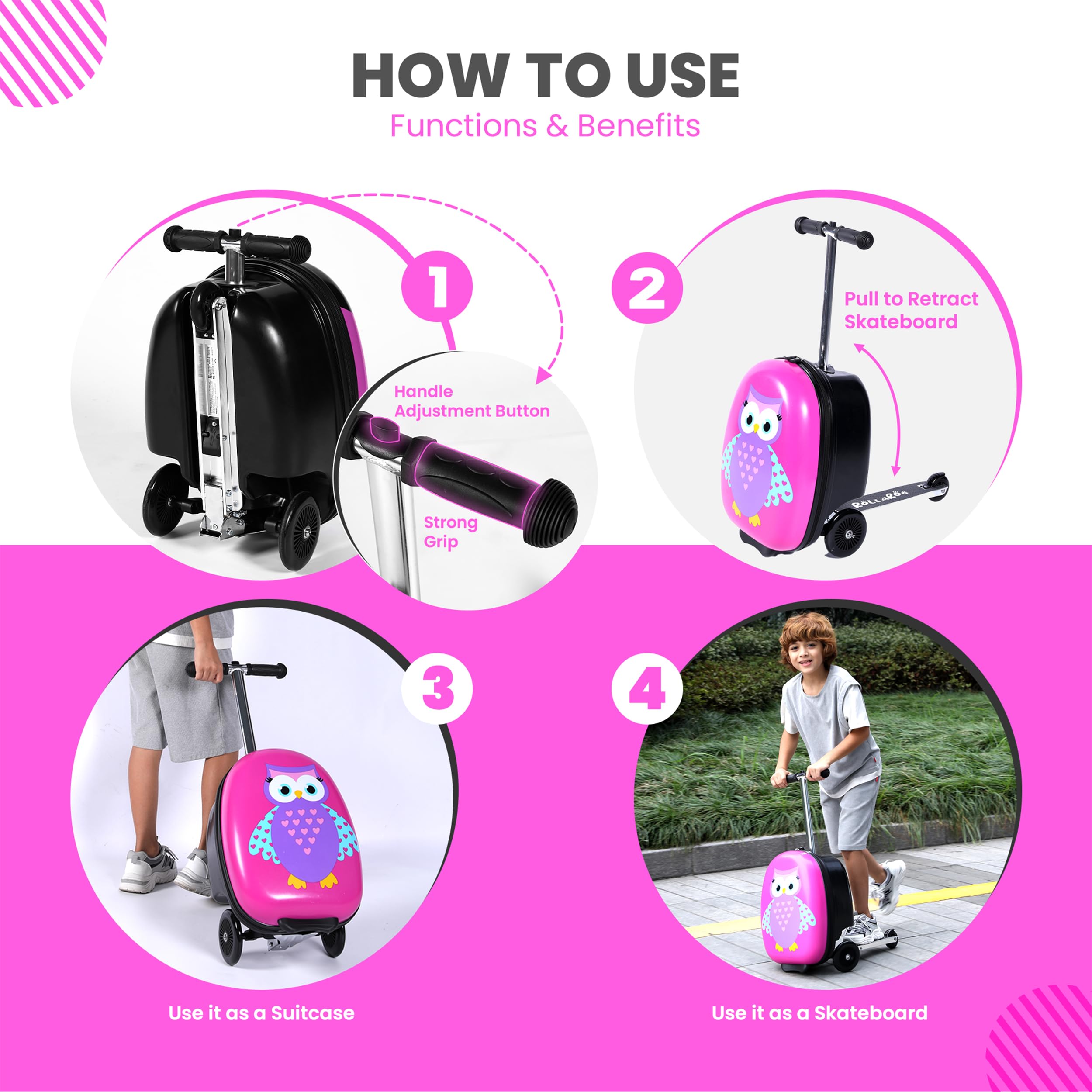 **Owl Kids Scooter Suitcase - Foldable Ride-On Luggage with Wheels for Travel - Durable 110LB Capacity Carry-On with Easy-Grip Handle & Secure Locks - Perfect for Airports, Vacations & Kids' Adventures**