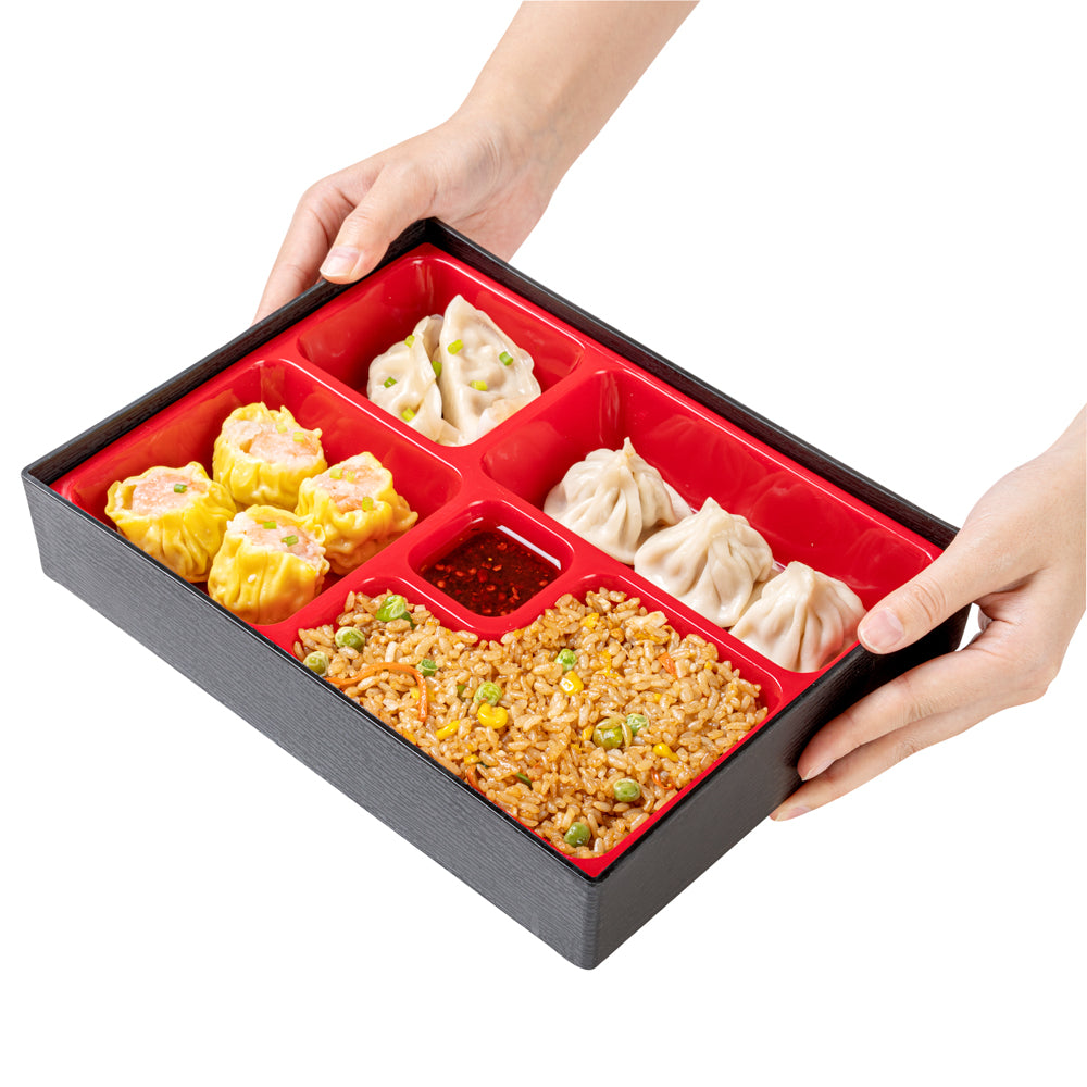 Japanese Style Bento Box - 5 Compartments Black and Red Lunch Box (10.75