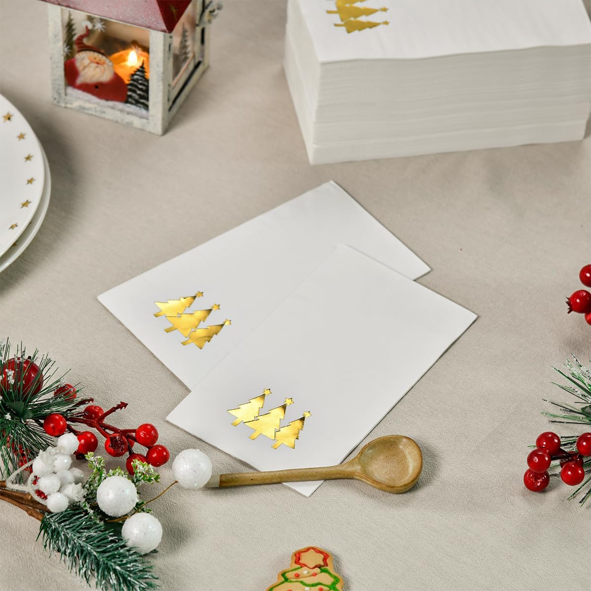Horaldaily 100-Pack Christmas Disposable Paper Napkins - Gold Foil Christmas Tree Design for Holiday Parties, Dinner, Lunch & Kitchen Use - Elegant Guest Hand Towels for Festive Decorations & Bathroom Essentials
