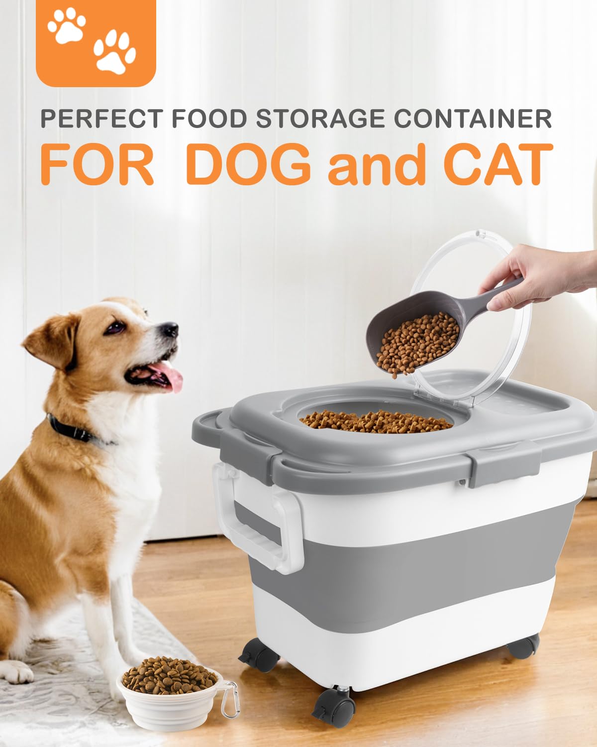 15-23 Lbs Collapsible Dog Food Storage Container with Airtight Lid, Wheels & Handle - Large Pet Food Bin for Dogs & Cats - Includes Scoop & Bowl - Perfect for Home, Travel & Outdoor Use