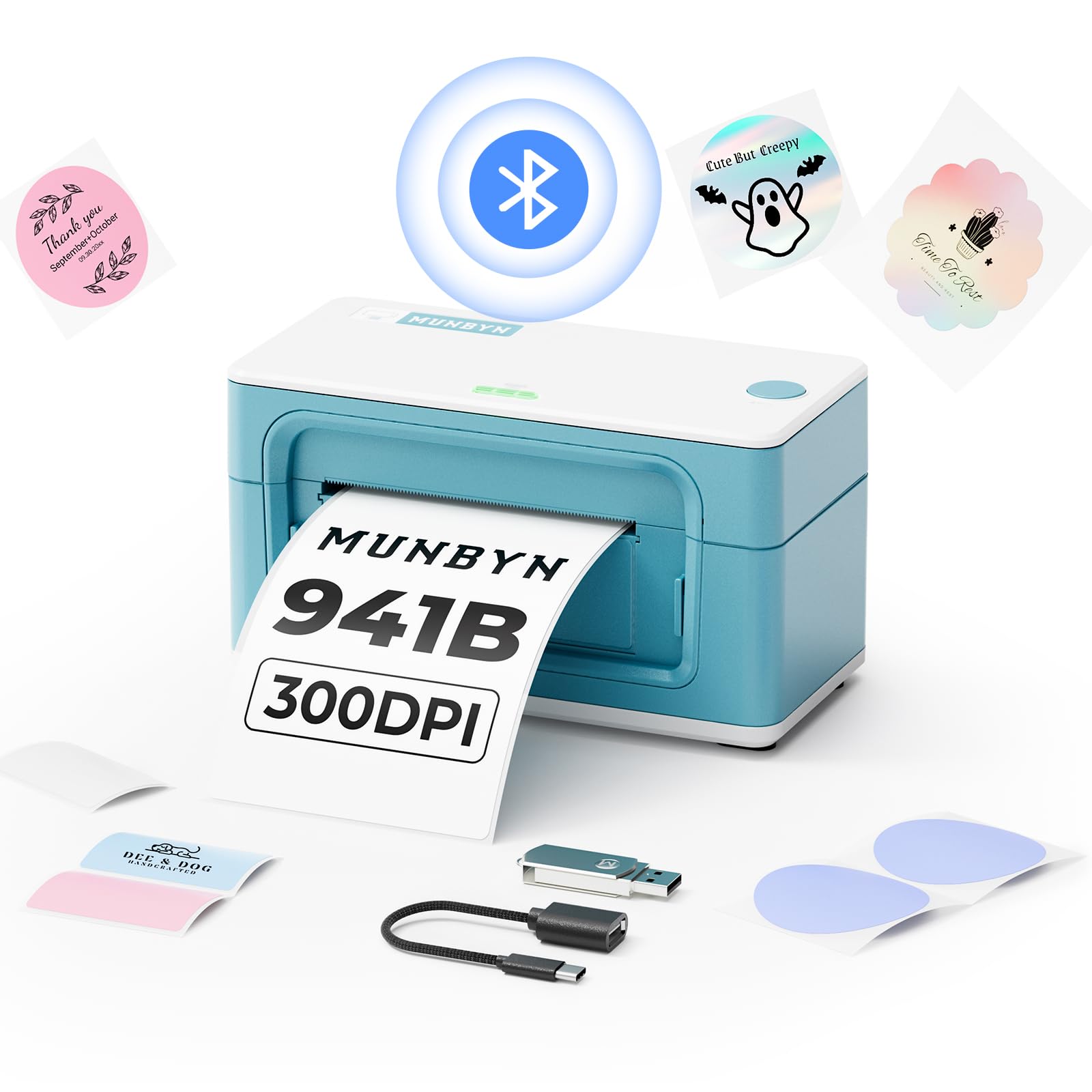 MUNBYN 941B Wireless Bluetooth Thermal Label Printer - 300DPI 4x6 Shipping Labels for Small Business | Compatible with Windows, Mac, iOS, Android | Works with Amazon, eBay, Shopify, Etsy & USPS | Green | Perfect for Home Office & E-commerce Shipping
