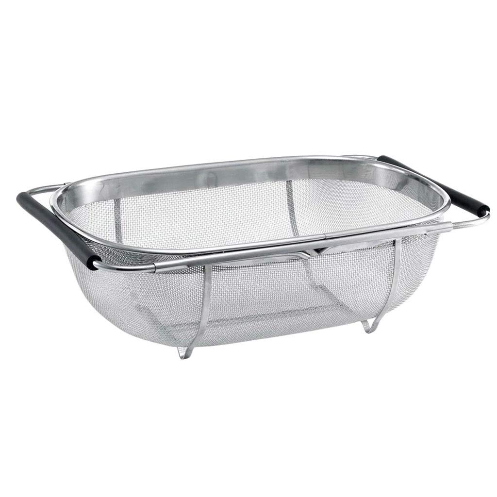 Stainless Steel Retractable Drain Basket with Rubber Grip Handles - Oval Colander for Sink, Vegetables & Dish Draining - Small Size - Perfect for Kitchen, Cooking & Washing Fruits