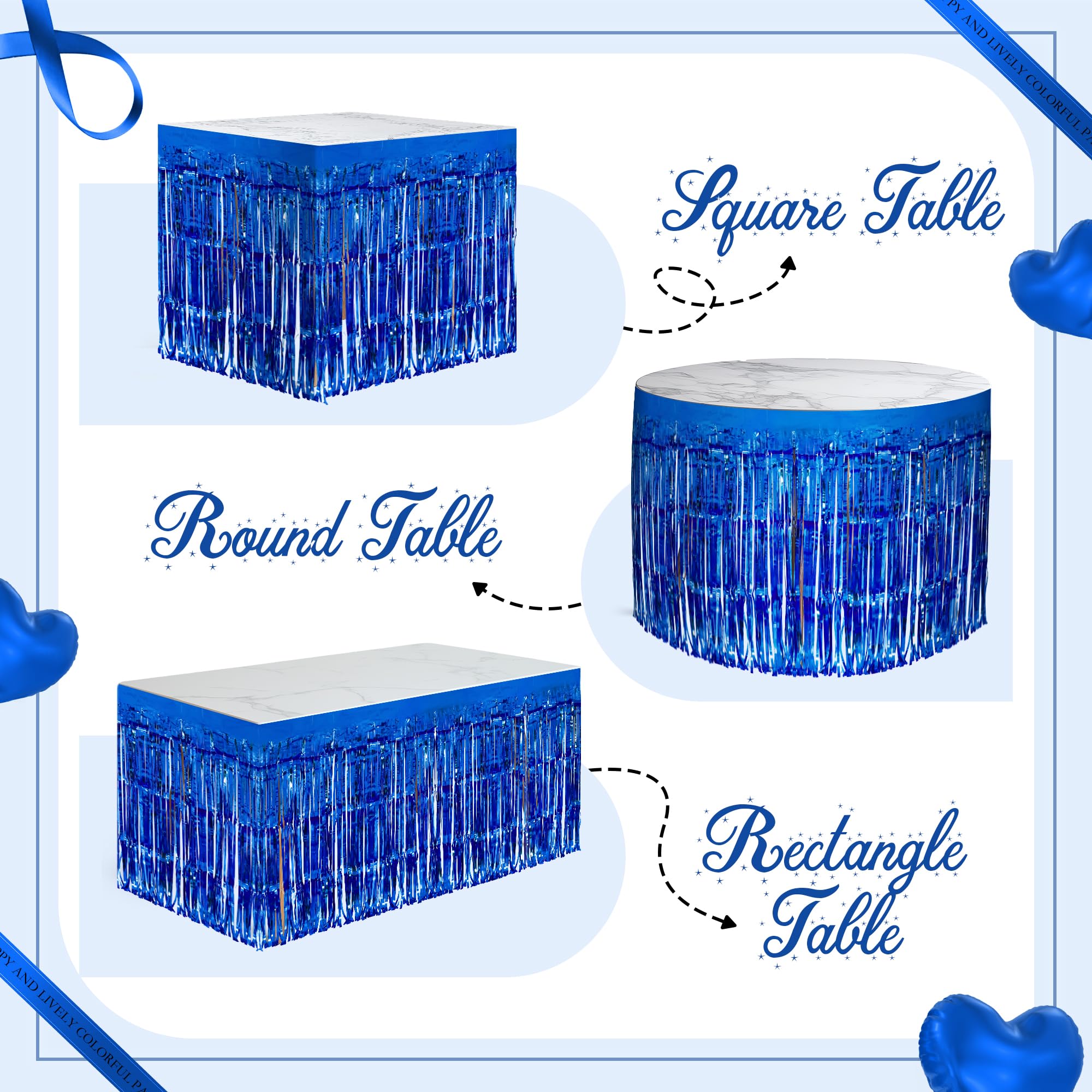2 Pack Dark Blue Metallic Foil Tinsel Fringe Table Skirts - 29x108 Inch Party Decor for Rectangle Tables, Birthday Wedding Holiday Backdrop, Perfect for Banquet Halls & Event Center Decorations