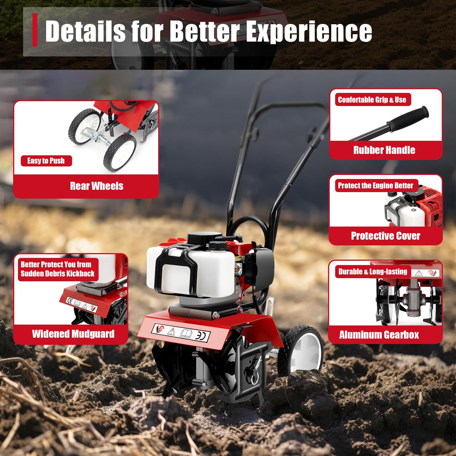 2HP 52CC 2-Stroke Gasoline Garden Tiller Cultivator - Mini Rototiller for Soil Tilling, Weeding & Aeration | Perfect for Home Gardens, Yards & Small Farms | Durable Rotary Hoe for Efficient Land Preparation