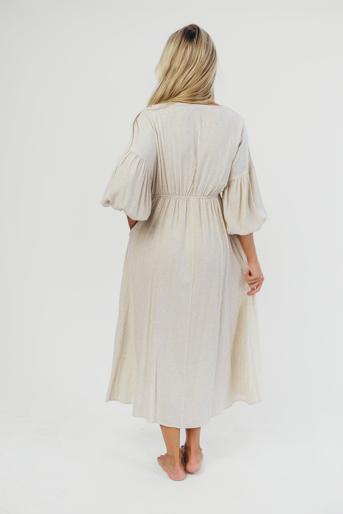 Hunter Linen Blend Midi Dress in Greige - Bump Friendly Maternity Dress with Inclusive Sizing | Perfect for Pregnancy, Nursing, and Everyday Comfort Wear