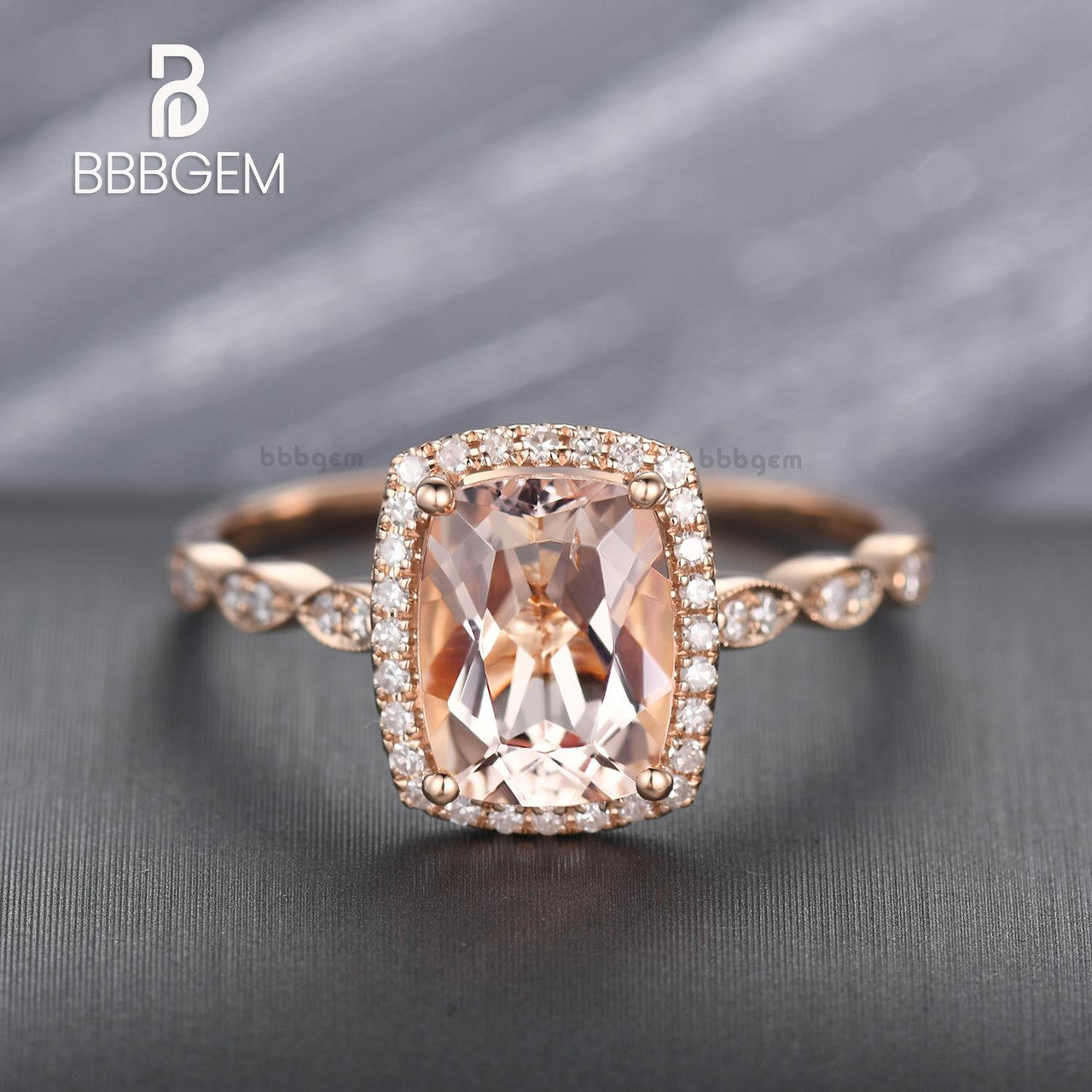 2 Carat Cushion Cut Natural Peachy Pink Morganite Engagement Ring with Diamond Halo in 14K Rose Gold - Perfect for Bridal Jewelry, Anniversary Gifts & Romantic Occasions
