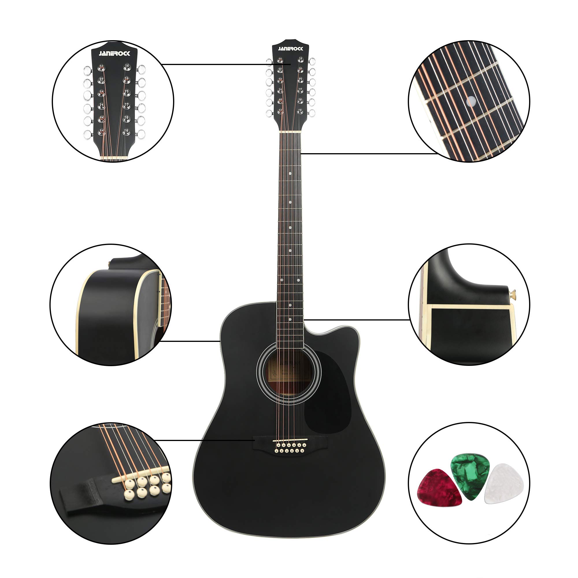 Janerock 12-String Acoustic Guitar with Cutaway - Full Size Bundle Includes Gig Bag, Tuner, Extra Strings, Strap & Picks (Black) | Perfect for Performances, Studio Recording & Traveling Musicians