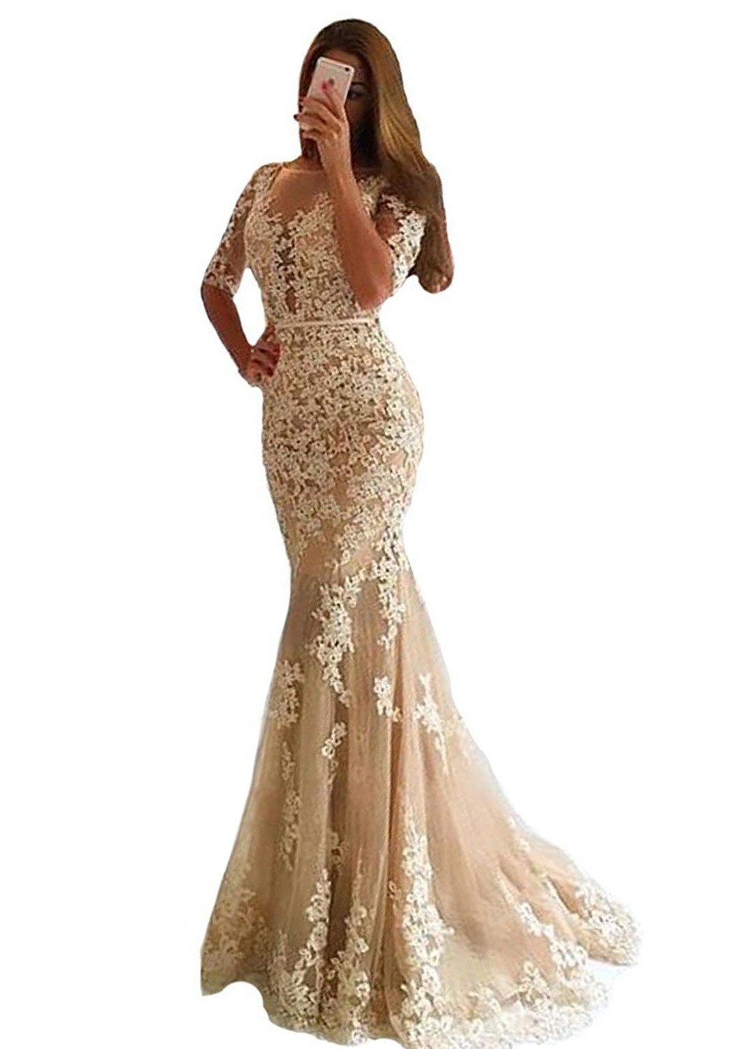 Lemai Women's Mermaid Long Lace Half-Sleeve Formal Prom Dress Evening Gown - Perfect for Homecoming, Wedding Guest, Cocktail Party & Special Occasions