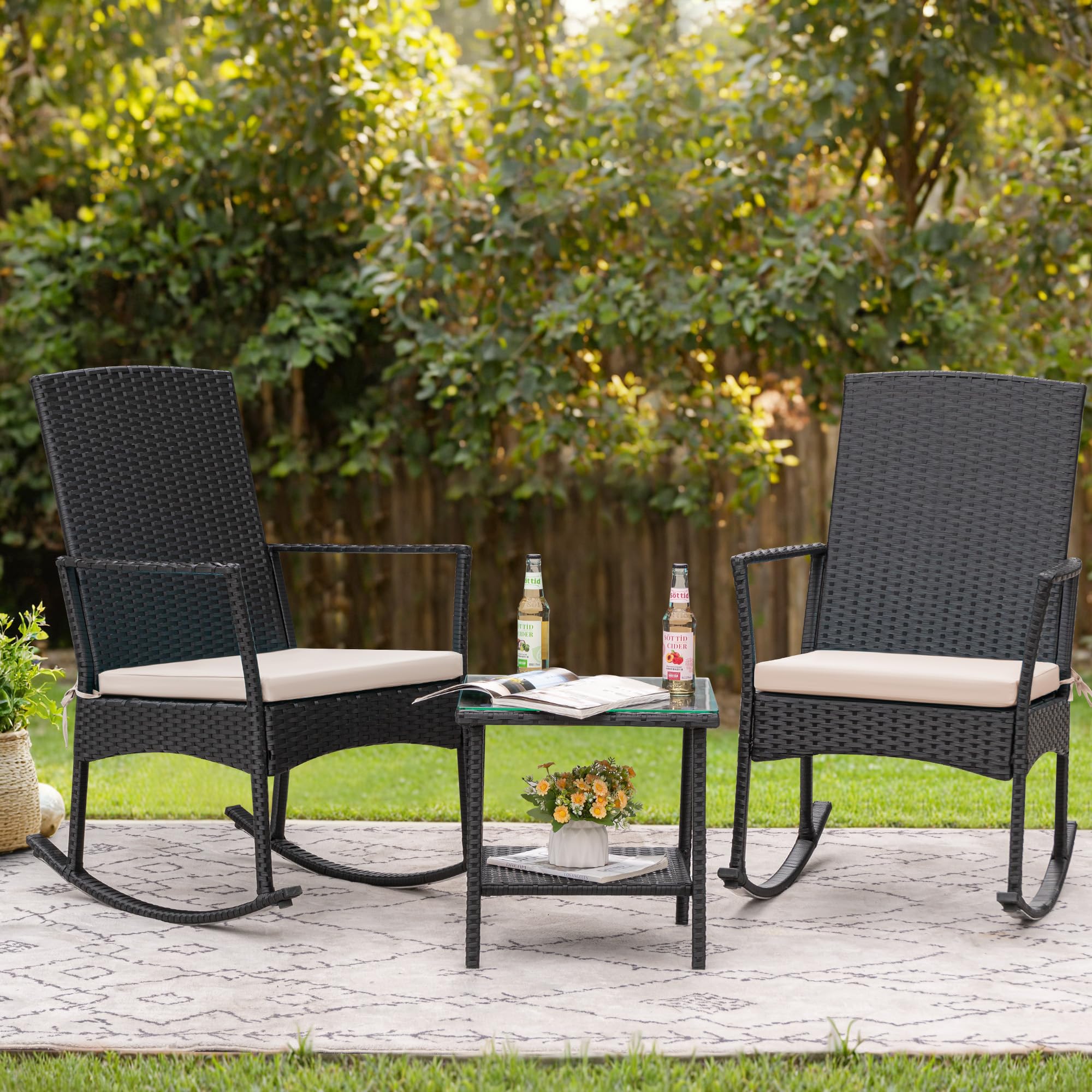 Premium PE Wicker Rocking Chair with Glass Side Table - High Back Outdoor Patio Rocker for Porch, Garden, Balcony & Backyard - Weather-Resistant Beige Rattan Furniture (Perfect for Relaxing, Sunbathing & Outdoor Lounging)