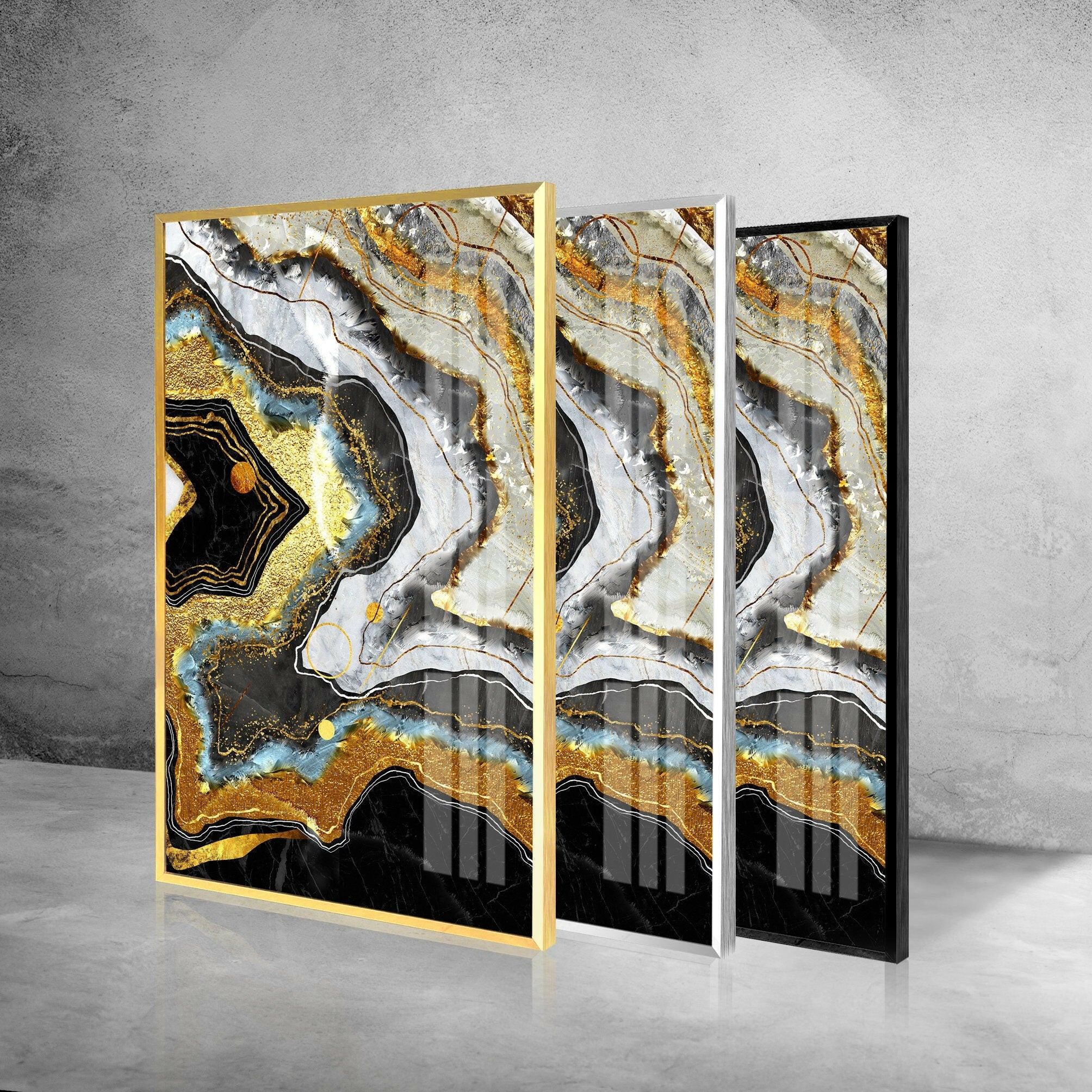 Black & White Gold Shimmer Marble Glass Wall Art - Elegant Home Decor for Living Room, Bedroom & Office