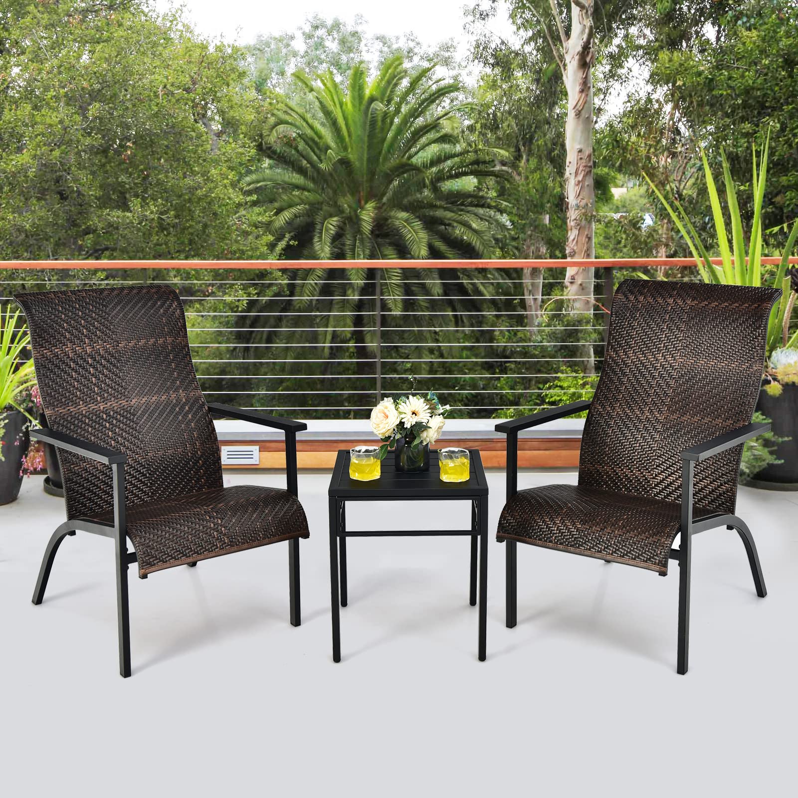 Tangkula 3-Piece Outdoor Bistro Set - PE Wicker Chairs & Coffee Table, Rust-Resistant Steel Frame, High Back Support - Perfect for Patio, Garden, Poolside, Deck or Backyard (Mix Brown) | Outdoor Dining & Relaxation Furniture