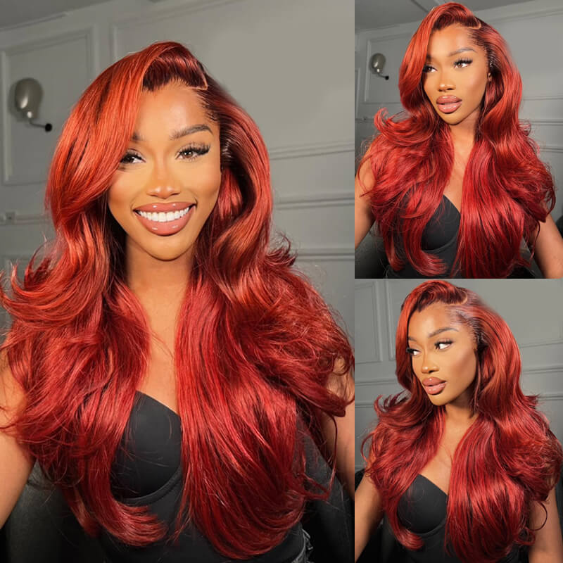 Eullair Jessica Rabbit Cooper Red Body Wave Human Hair Lace Frontal Wig with Dark Roots & Layered Cut - Perfect for Cosplay, Halloween & Special Occasions
