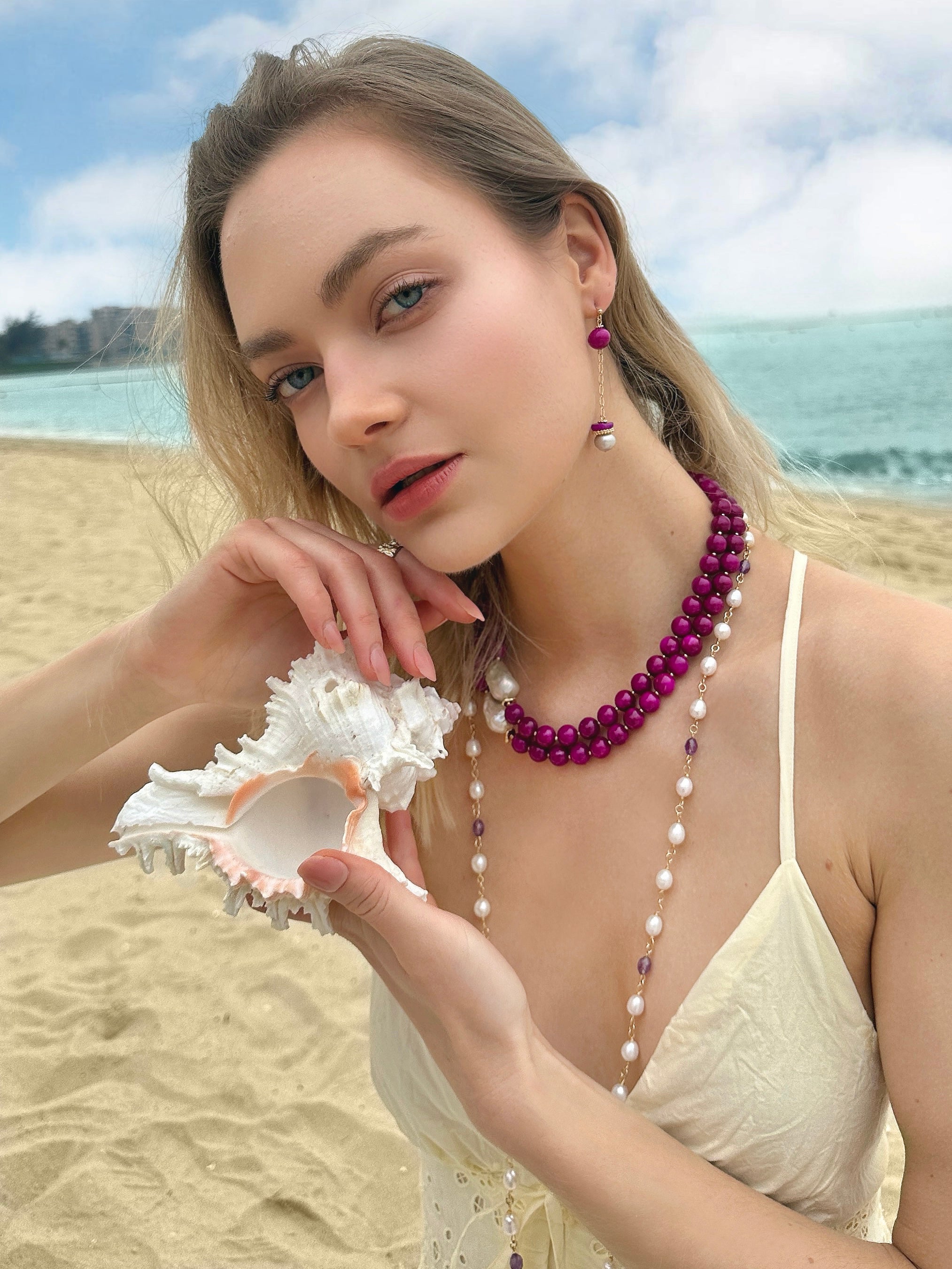 Elegant Gray Freshwater Pearl & Magenta Gemstone Dangle Earrings LE008 | Perfect for Weddings, Parties & Special Occasions