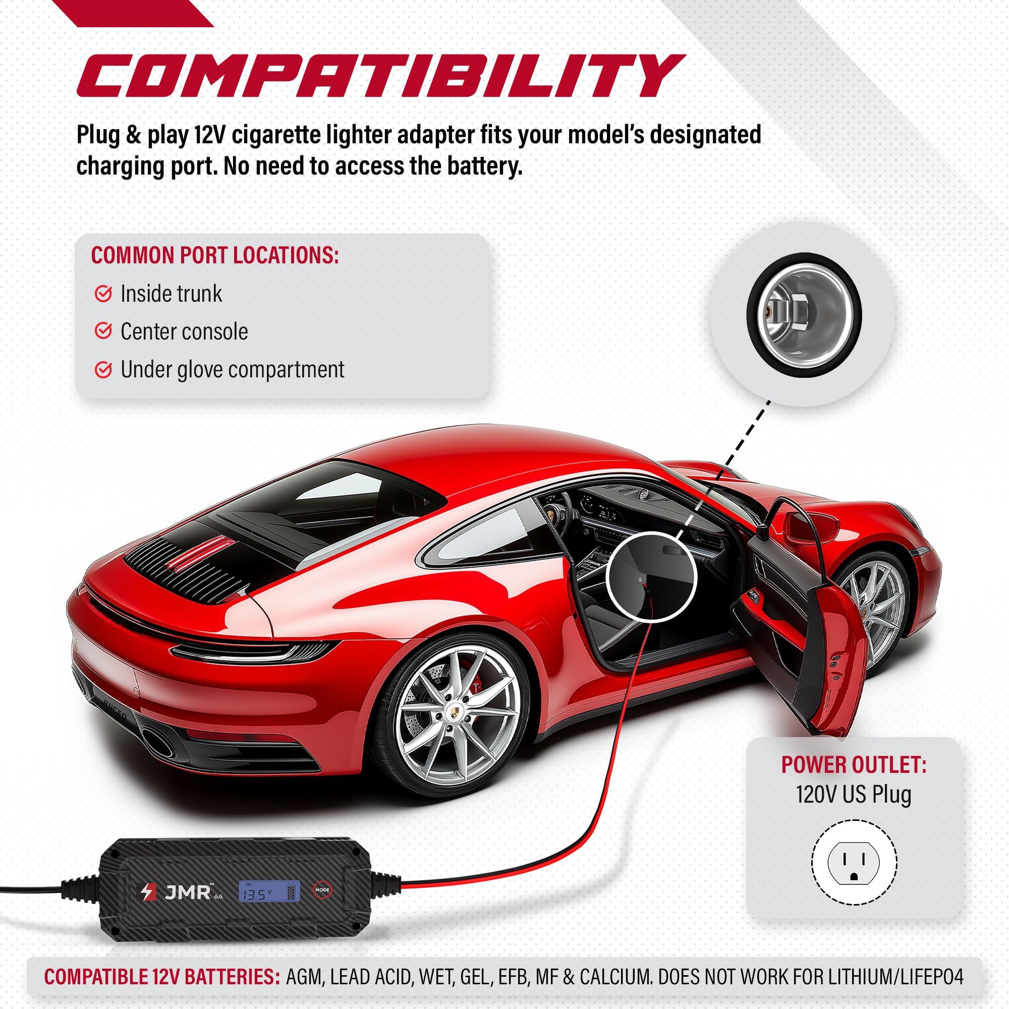 JMR Battery Charger for Porsche 911, Panamera, Cayenne, Macan, Cayman, 718 Boxster - Universal Trickle Charger & Maintainer for All Porsche Models (No Lithium Mode) - Perfect for Winter Storage & Long-Term Vehicle Maintenance