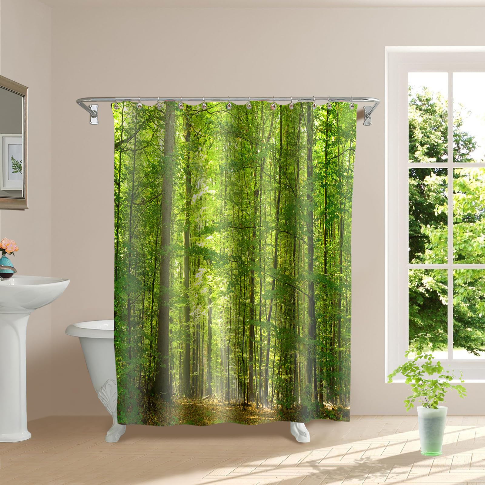 SRJ2018 Woodland Decor Shower Curtain Set - Deciduous Forest Summer Foliage with Sunlight | Romantic Holiday Scenic Bathroom Accessories 180x180cm (71x71 inches) Green & Yellow | Perfect for Nature-Themed Bathrooms, Cabin Retreats & Boho Home Decor