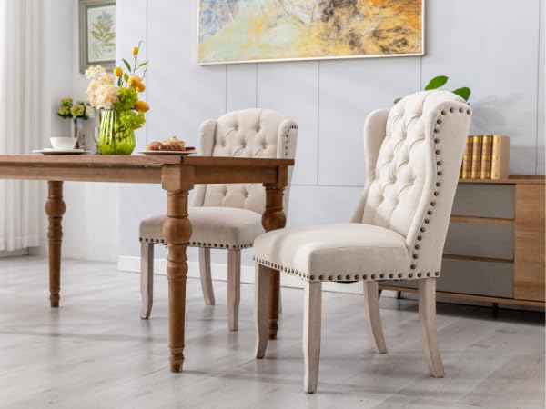 LukeAlon Classic Linen Dining Chairs Set of 2 - Upholstered Button Tufted Side Chairs with Solid Wood Legs & Nailhead Trim - Elegant High Back Kitchen Dining Room Chairs for Home, Restaurant, Cafe - Beige