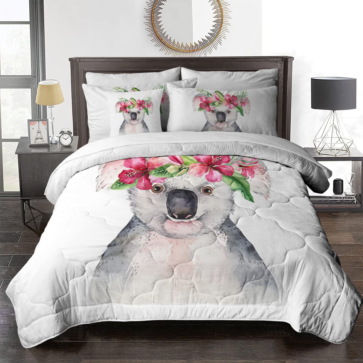 BlessLiving Koala Bear Comforter Set Queen - 8 Piece Floral Koala Bed in a Bag with Comforter & Sheets | All Season Down Alternative Bedding for Cozy Home Decor | Perfect for Guest Rooms, Kids' Bedrooms & Dorm Essentials
