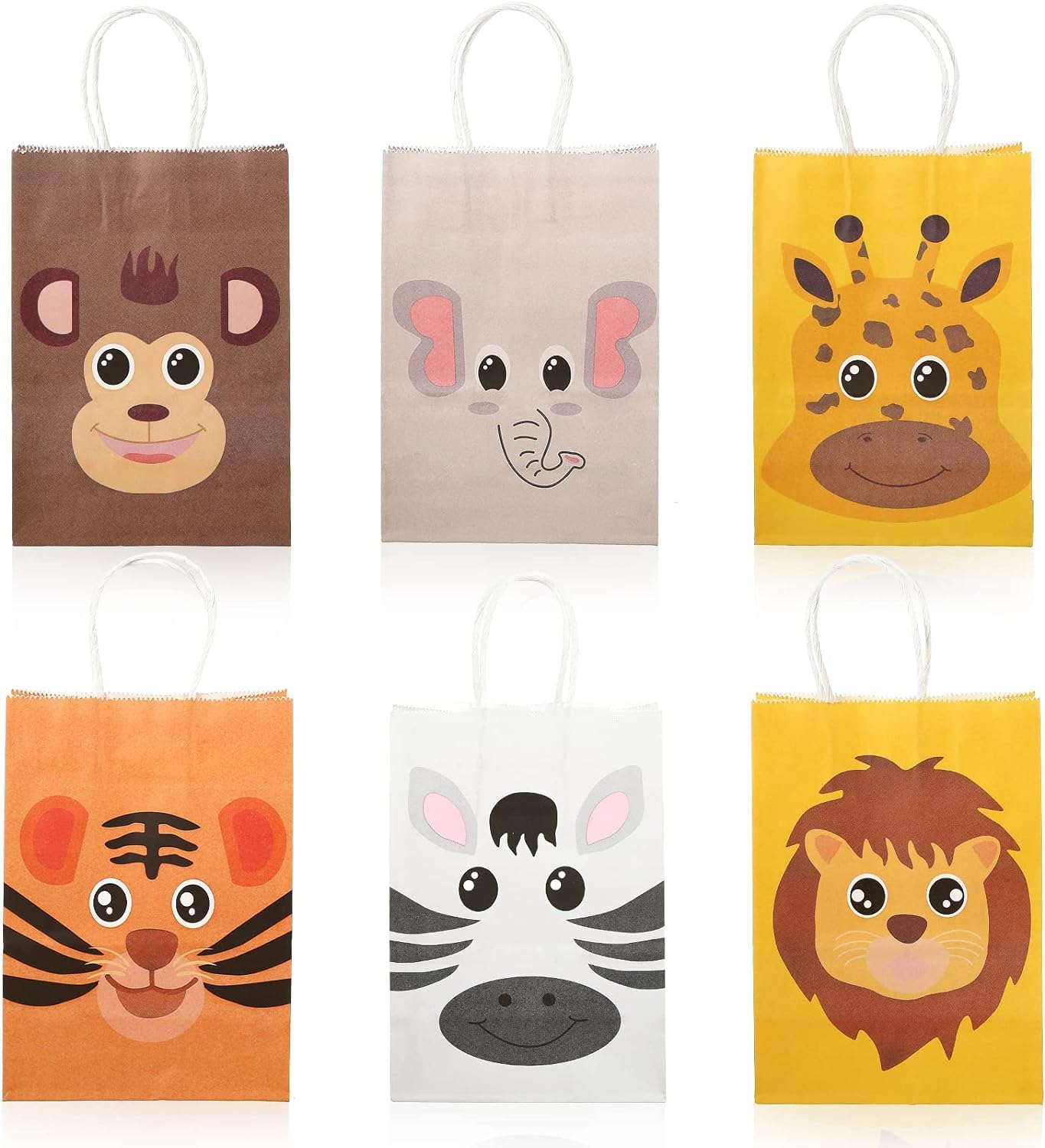 12 Pack Jungle Animal Themed Kraft Paper Treat Bags with Handles - Safari Baby Shower & Kids Birthday Party Favors - Perfect for Candy, Goodie Gifts & Party Decorations